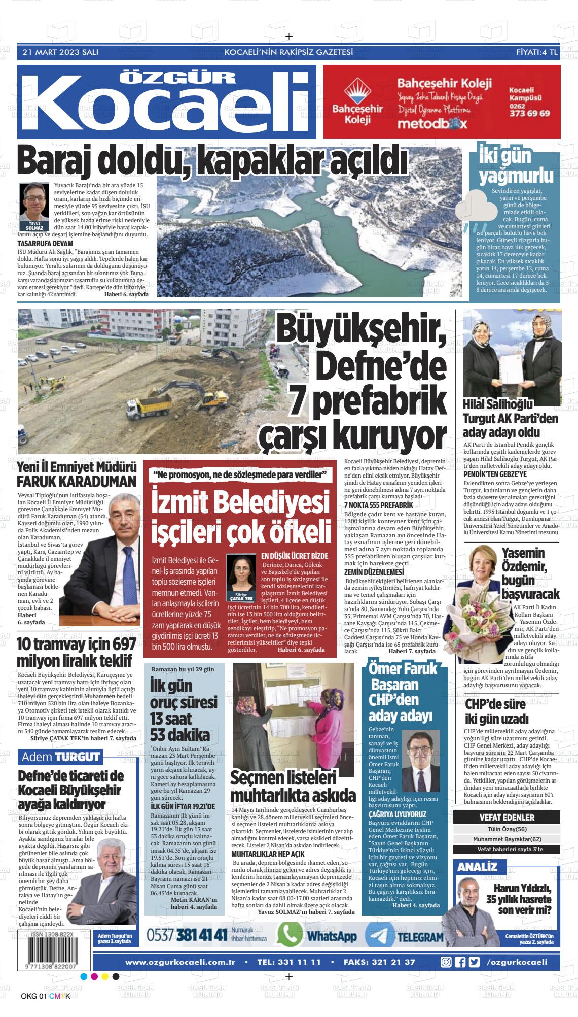 21 Mart 2023 Özgür Kocaeli Gazete Manşeti