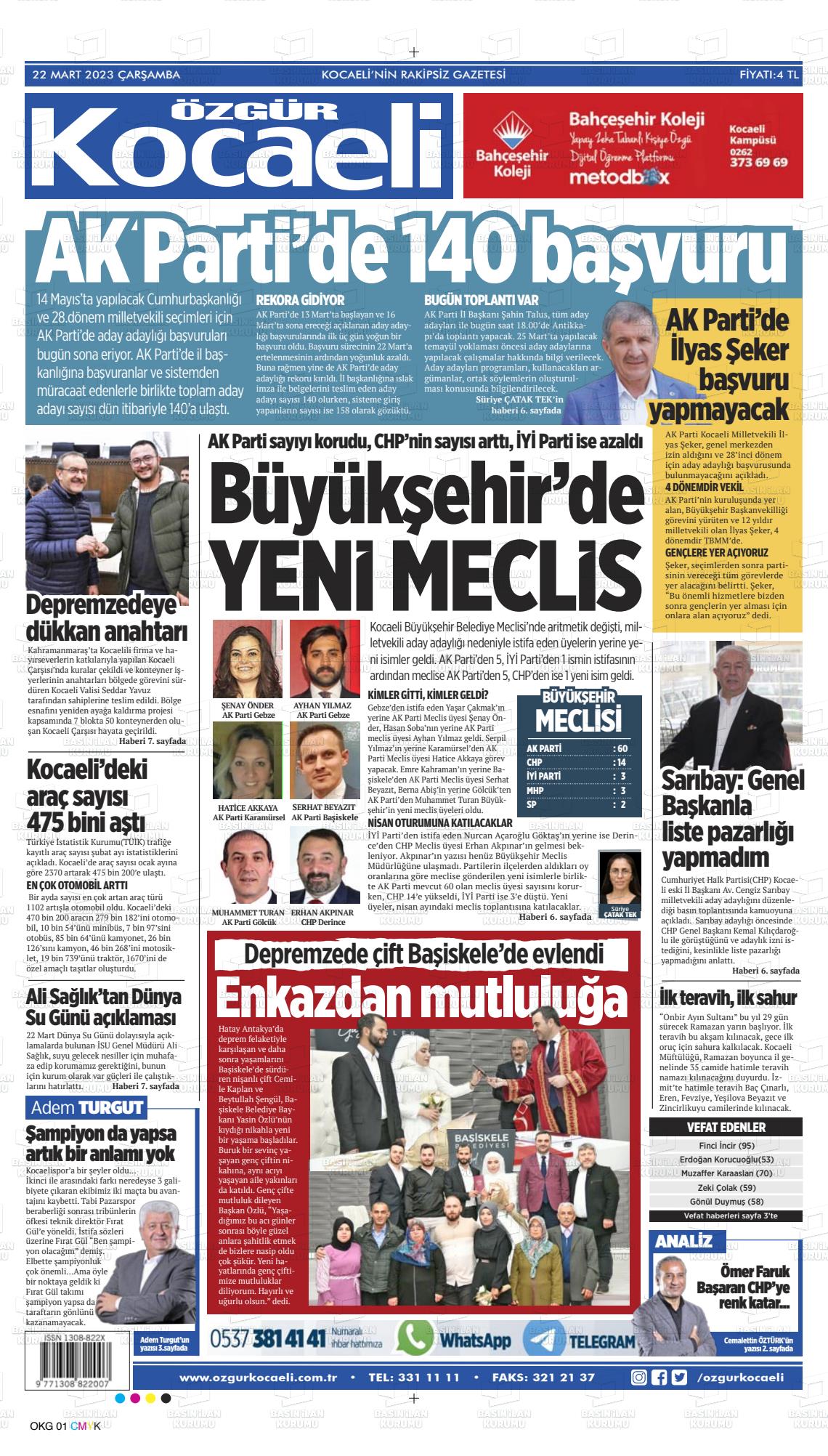 22 Mart 2023 Özgür Kocaeli Gazete Manşeti