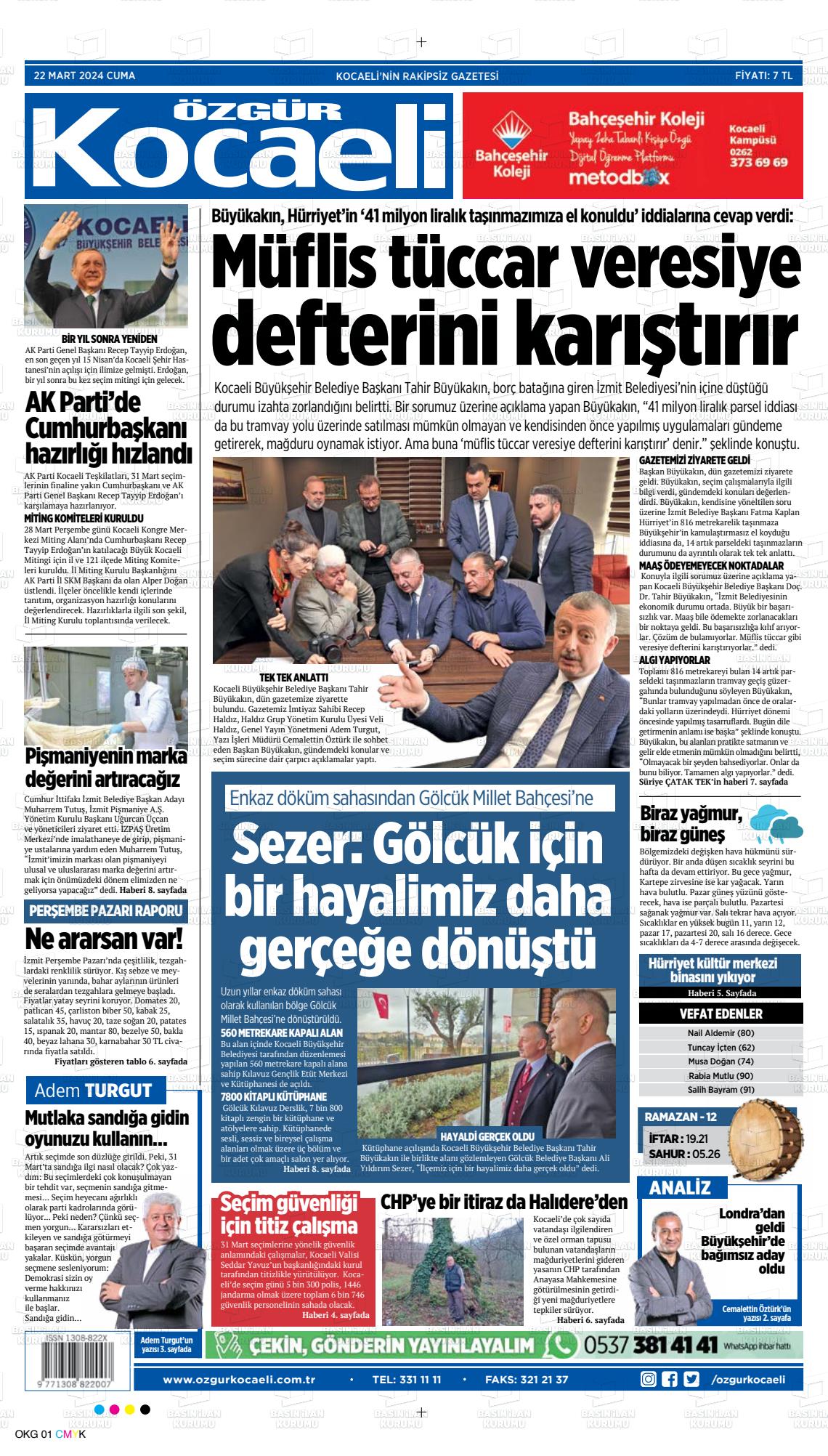 22 Mart 2024 Özgür Kocaeli Gazete Manşeti