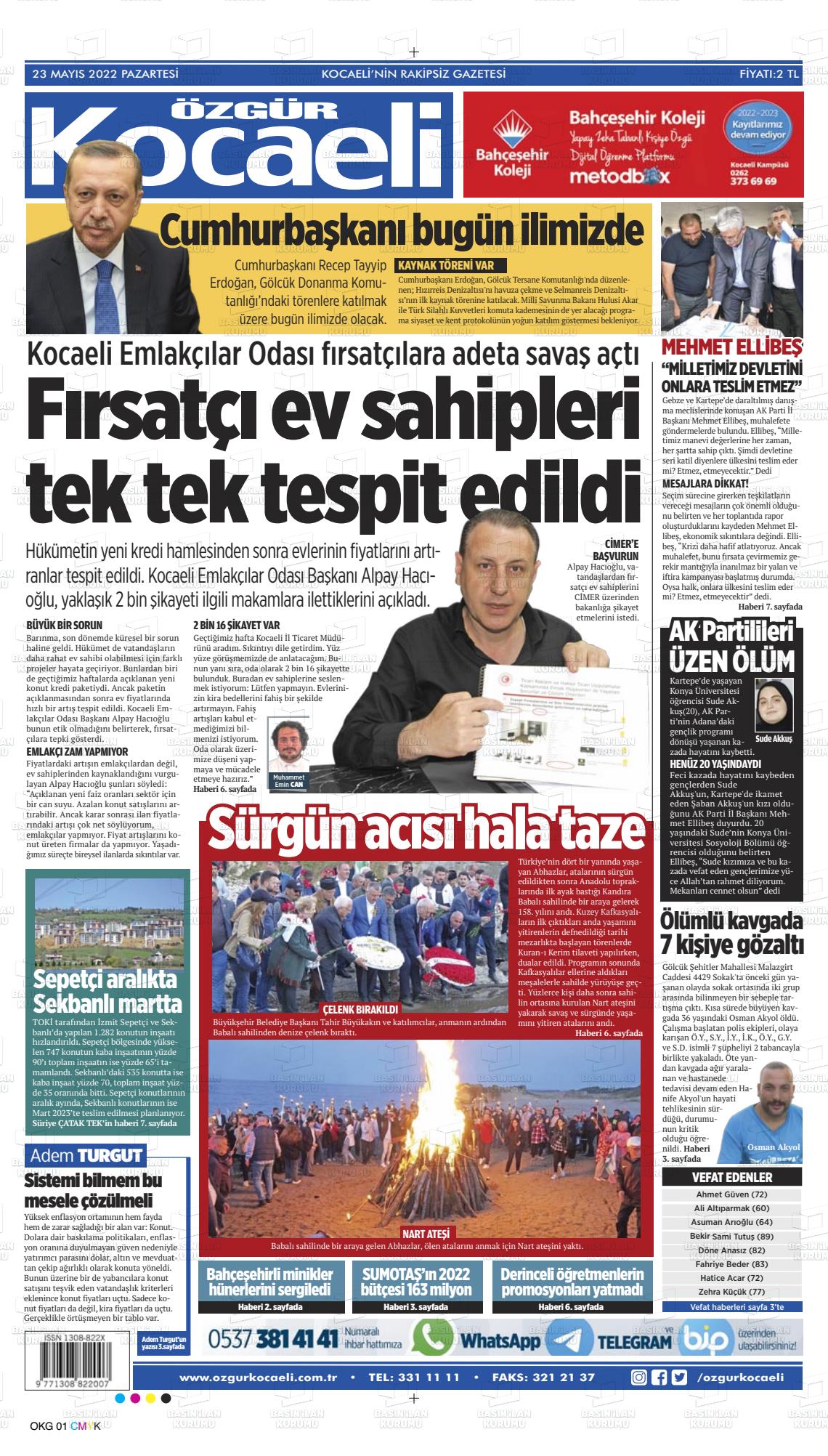 23 Mayıs 2022 Özgür Kocaeli Gazete Manşeti