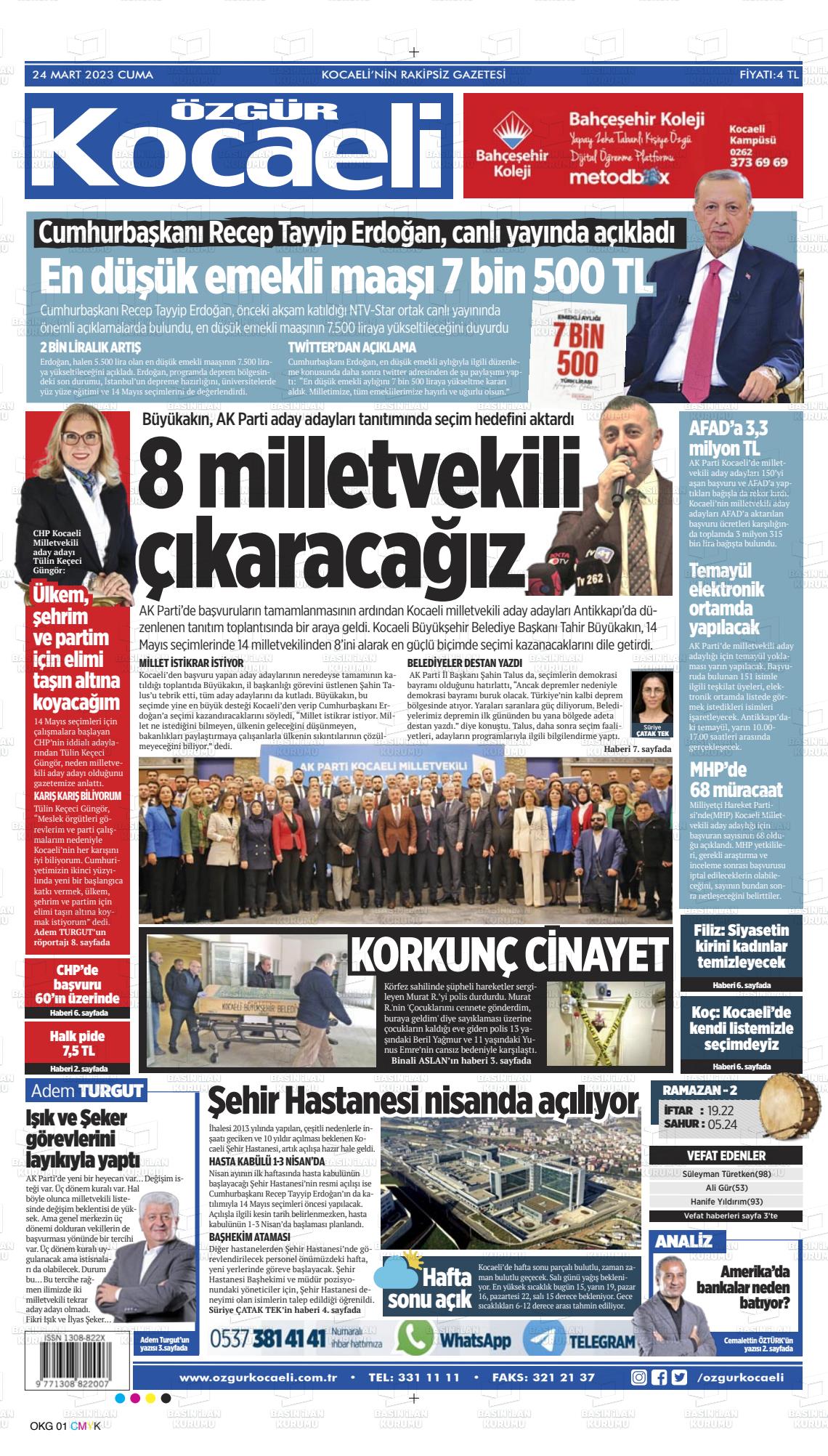 24 Mart 2023 Özgür Kocaeli Gazete Manşeti