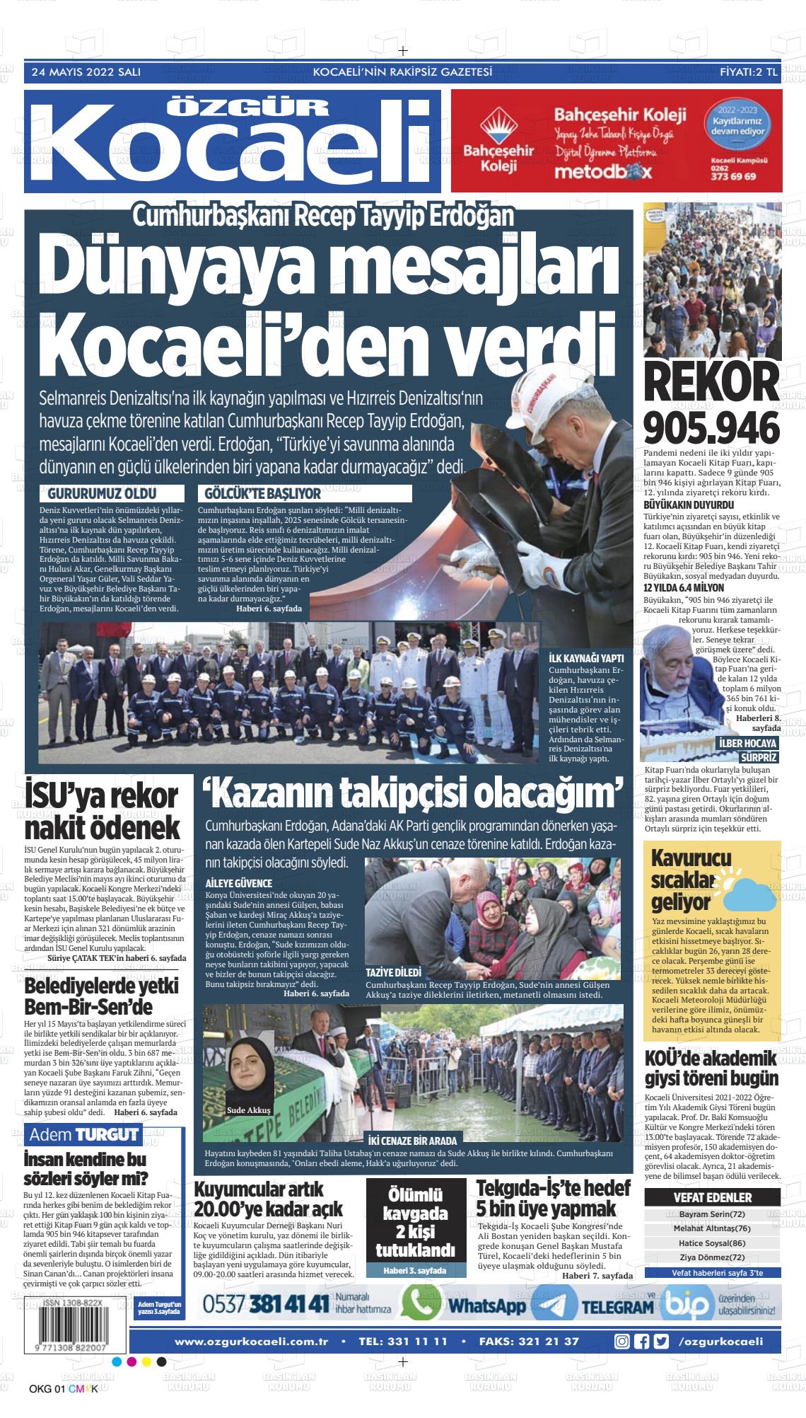 24 Mayıs 2022 Özgür Kocaeli Gazete Manşeti