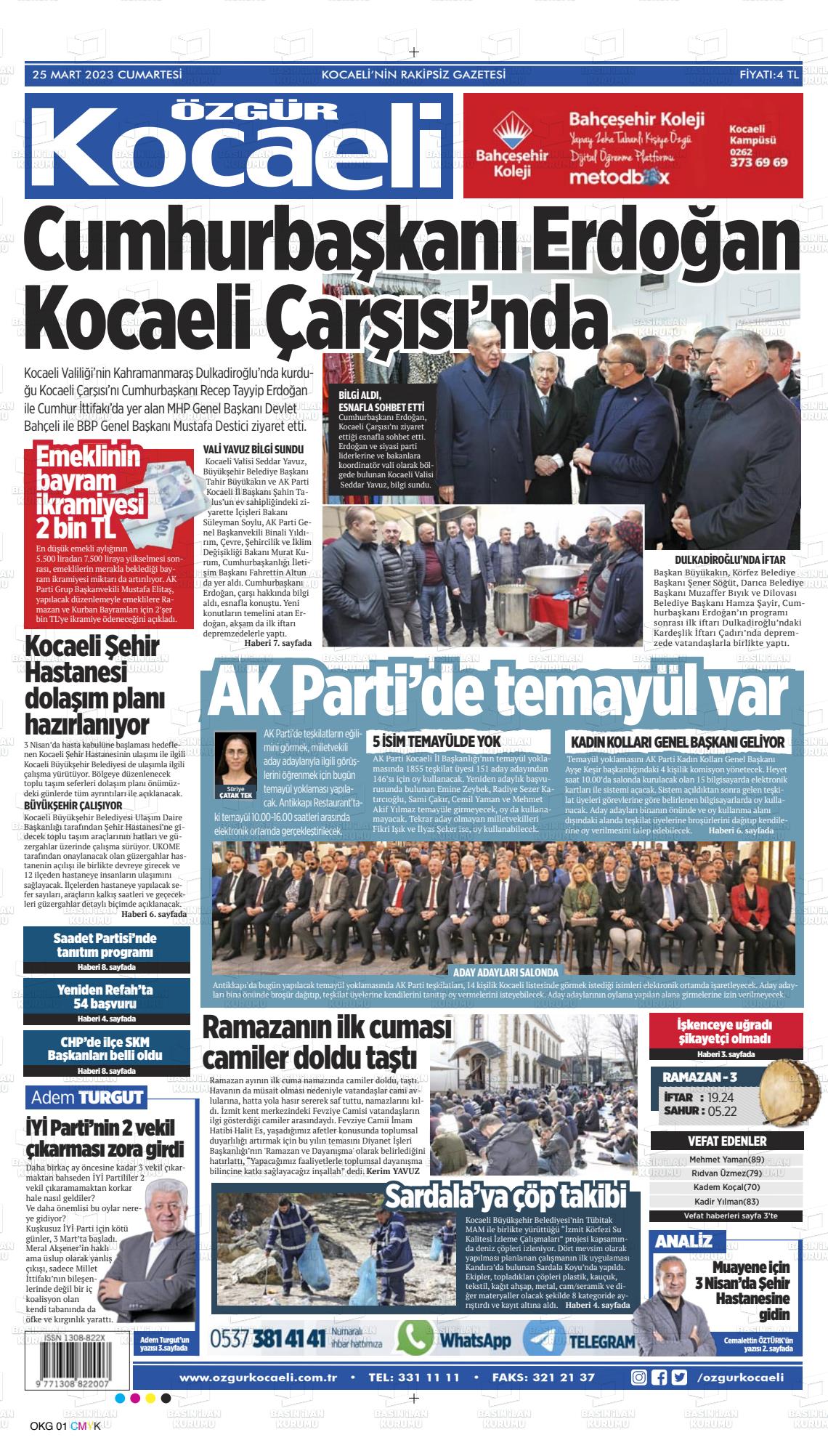 25 Mart 2023 Özgür Kocaeli Gazete Manşeti