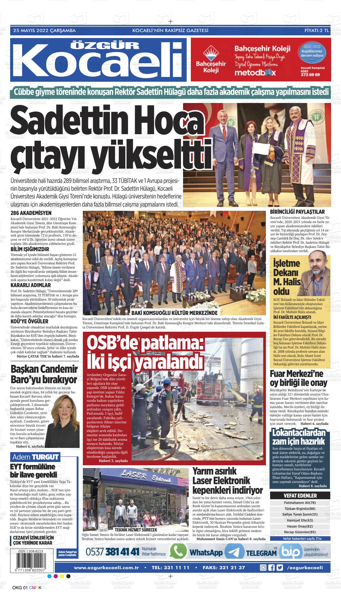25 Mayıs 2022 Özgür Kocaeli Gazete Manşeti