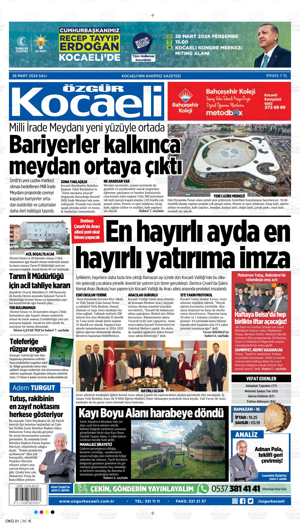 26 Mart 2024 Özgür Kocaeli Gazete Manşeti