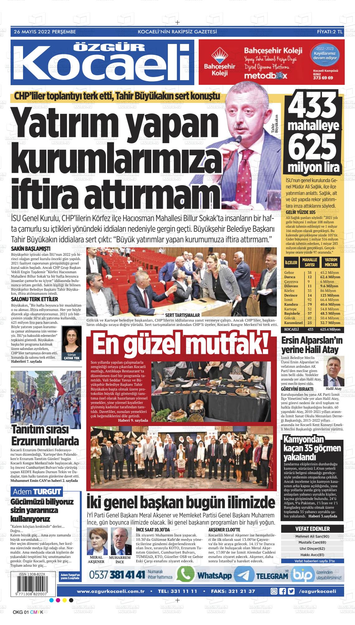 26 Mayıs 2022 Özgür Kocaeli Gazete Manşeti