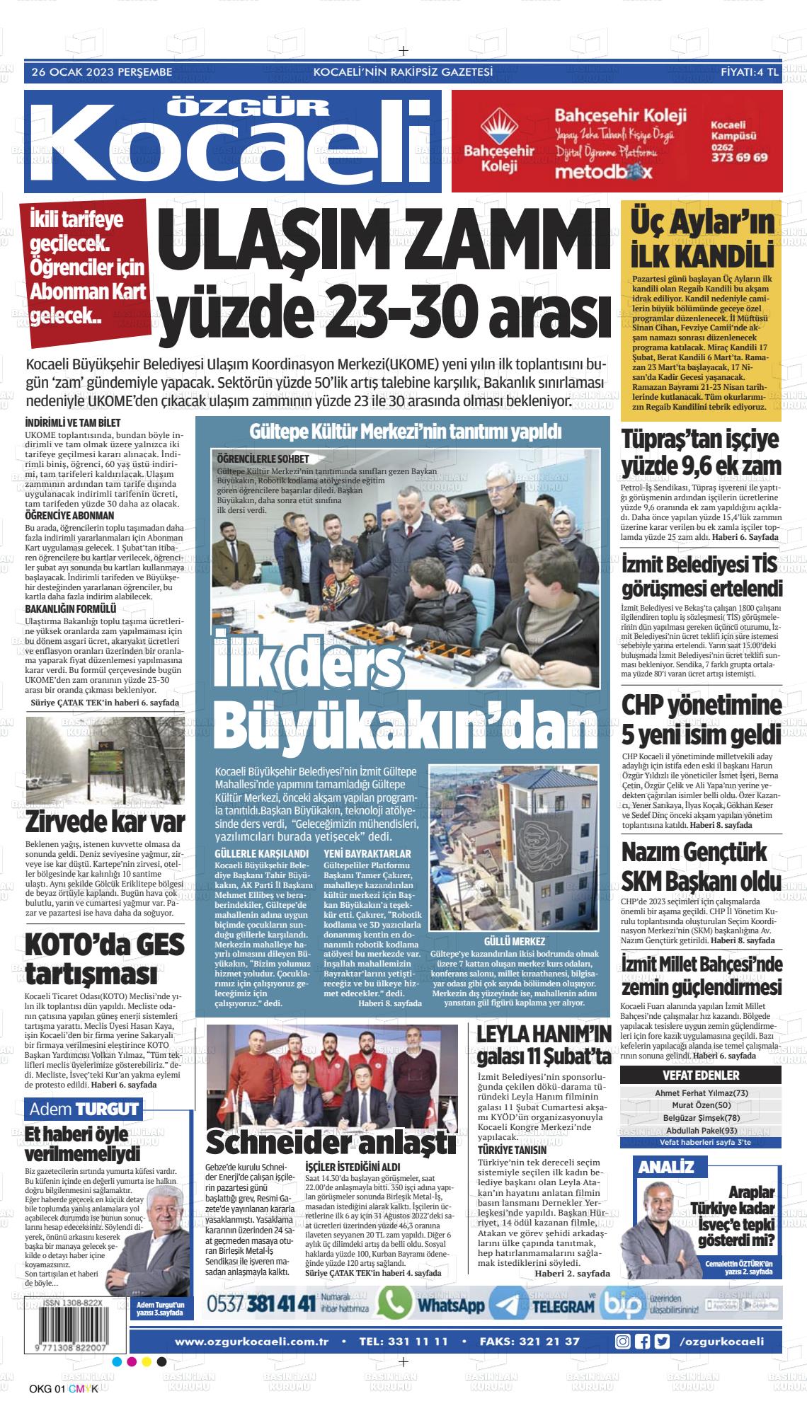 26 Ocak 2023 Özgür Kocaeli Gazete Manşeti