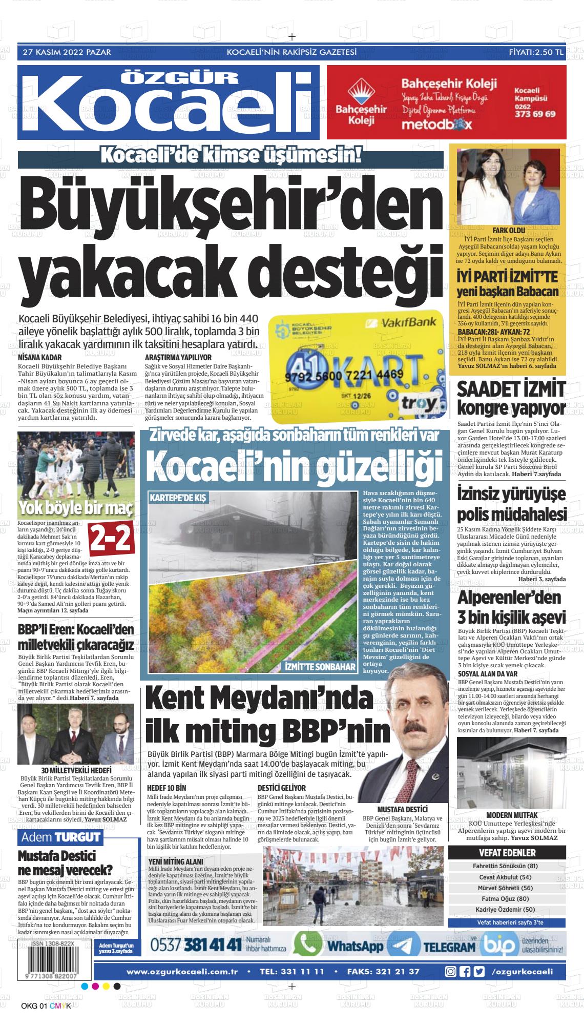 27 Kasım 2022 Özgür Kocaeli Gazete Manşeti