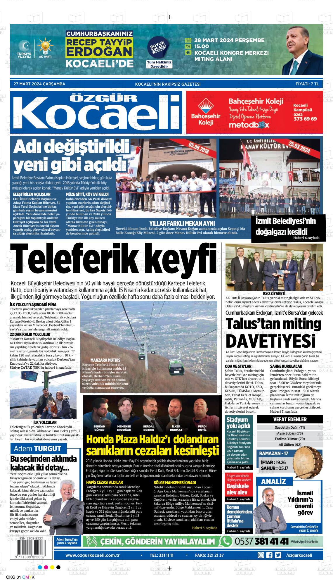 27 Mart 2024 Özgür Kocaeli Gazete Manşeti