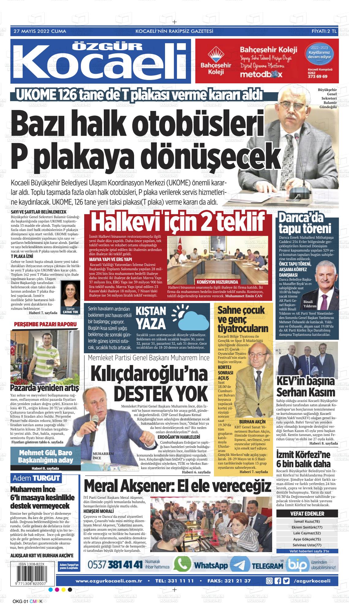 27 Mayıs 2022 Özgür Kocaeli Gazete Manşeti