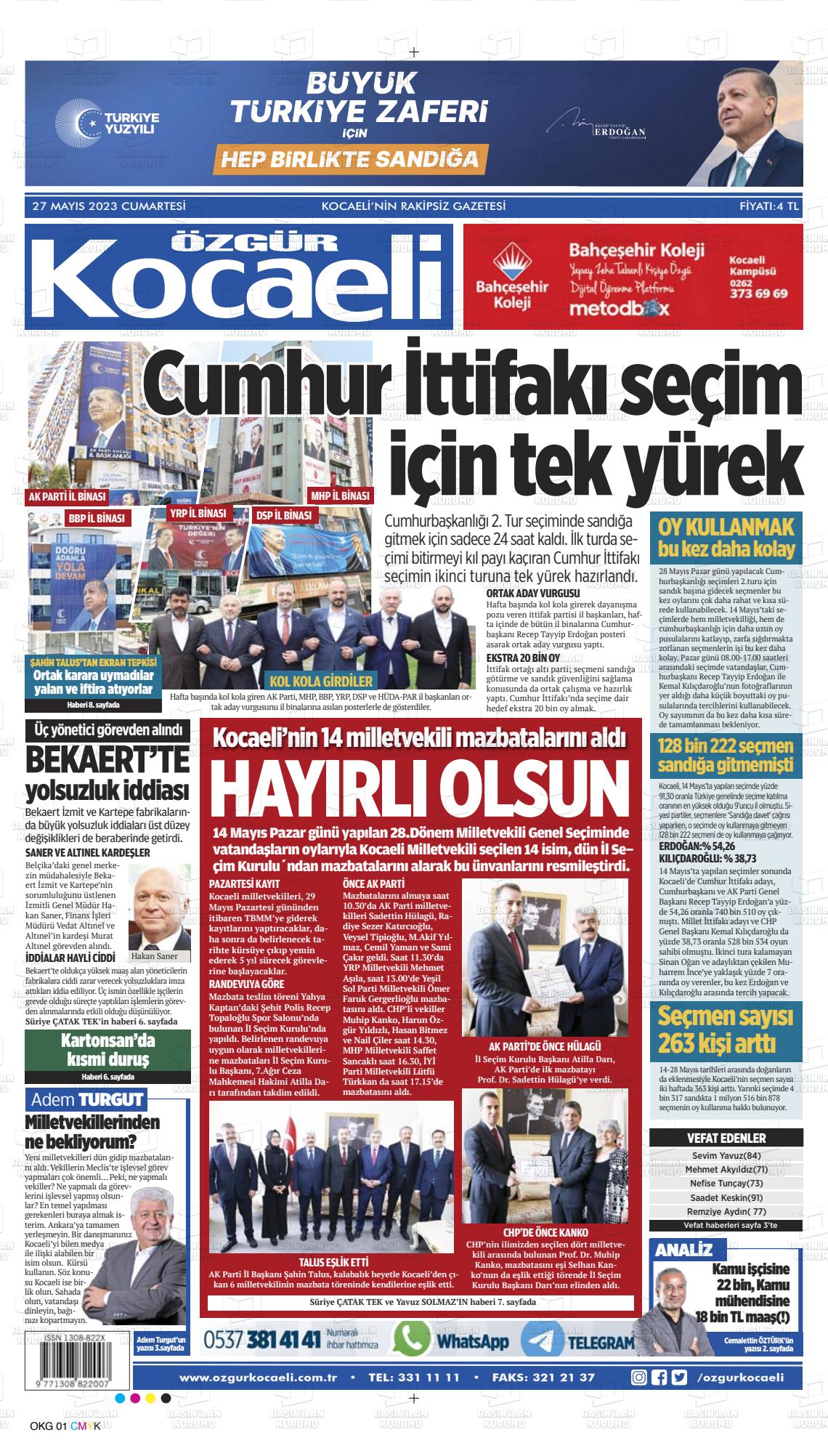 27 Mayıs 2023 Özgür Kocaeli Gazete Manşeti