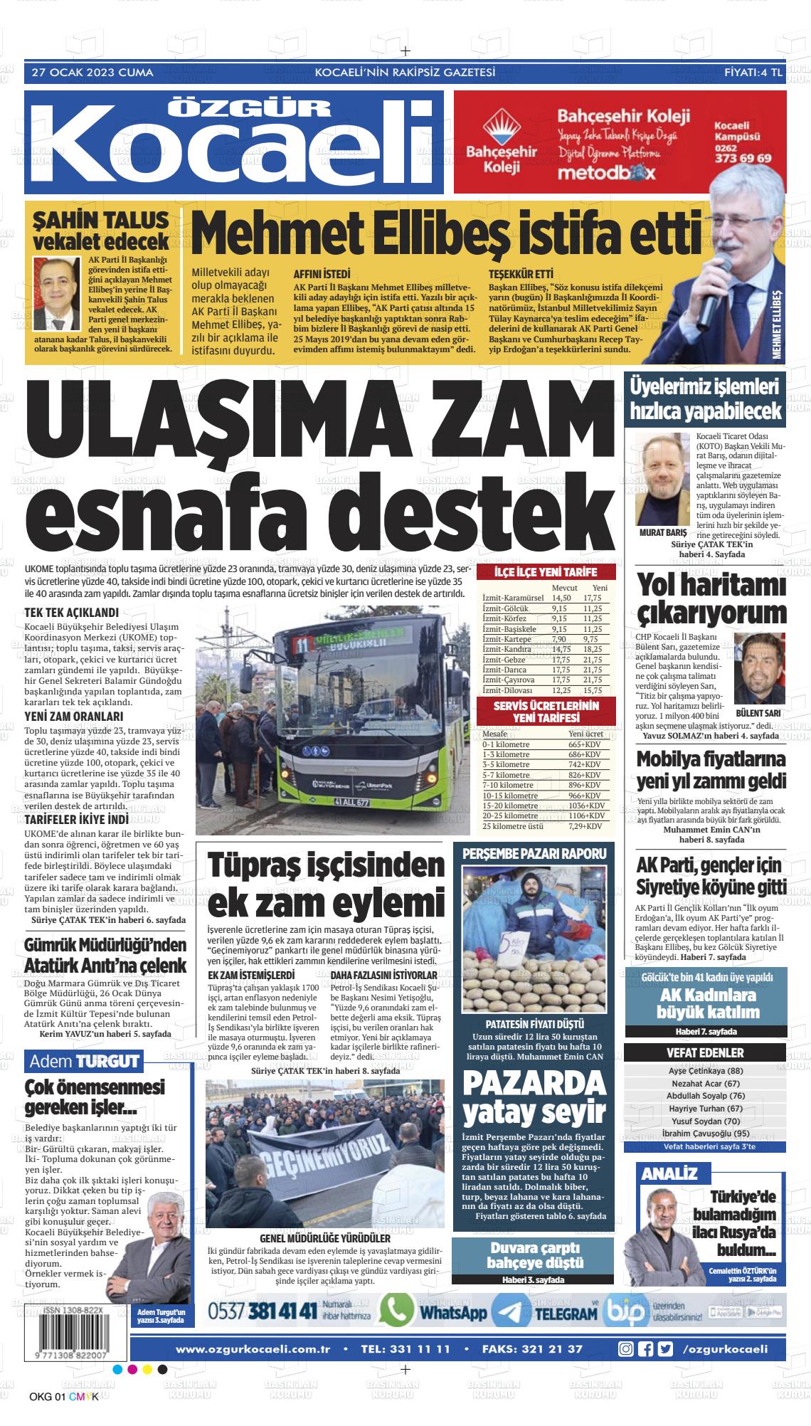 27 Ocak 2023 Özgür Kocaeli Gazete Manşeti
