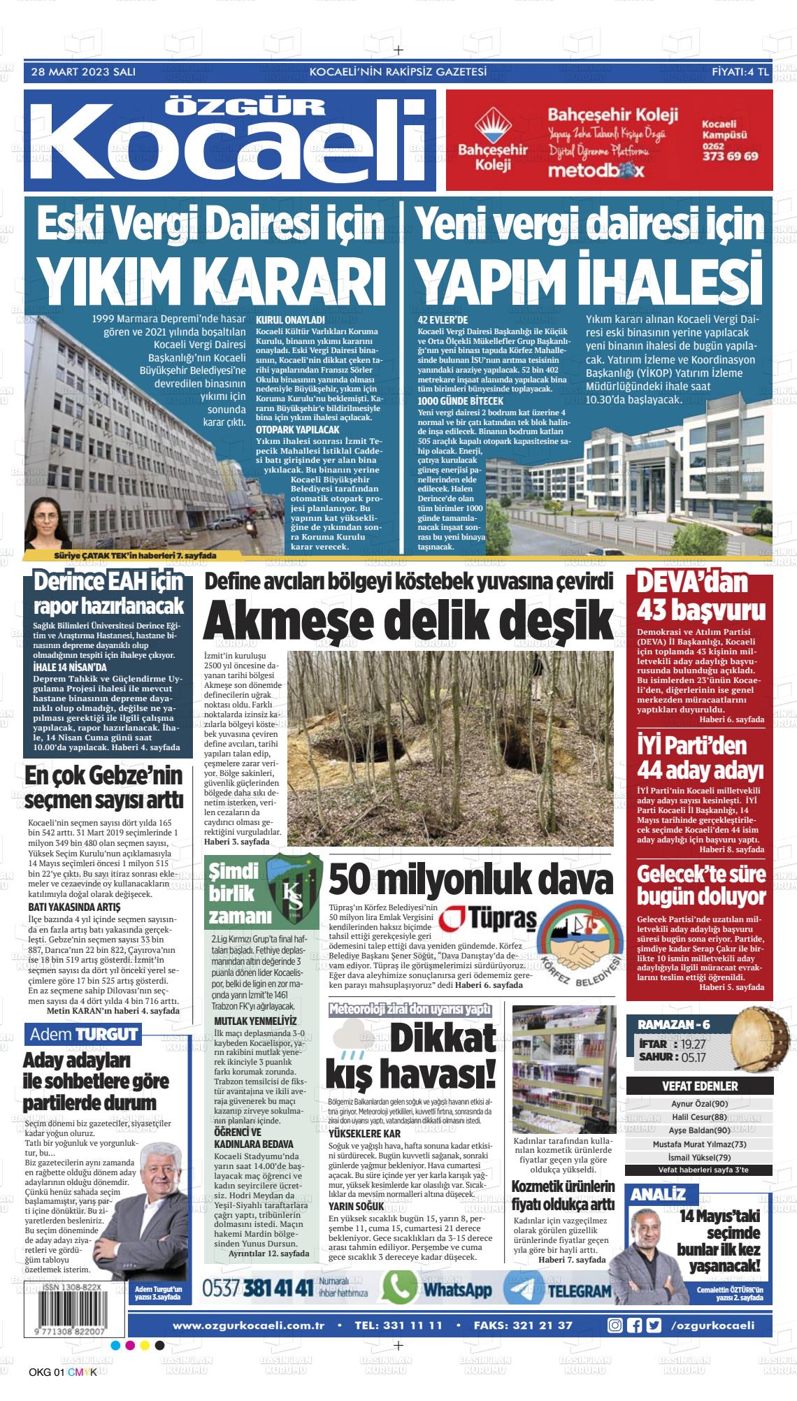 28 Mart 2023 Özgür Kocaeli Gazete Manşeti