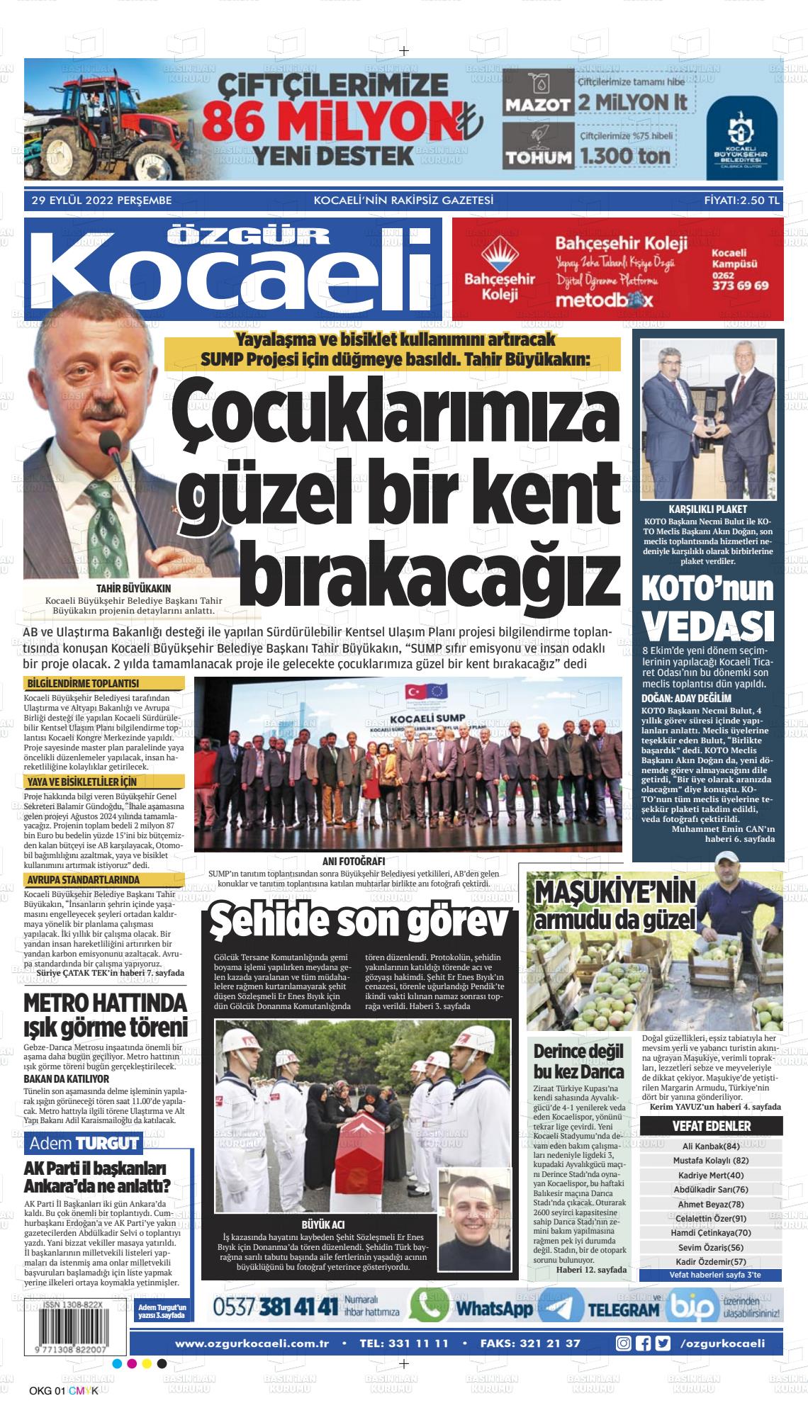 29 Eylül 2022 Özgür Kocaeli Gazete Manşeti