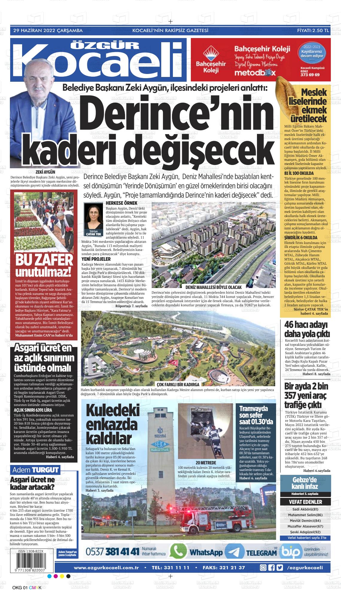 29 Haziran 2022 Özgür Kocaeli Gazete Manşeti