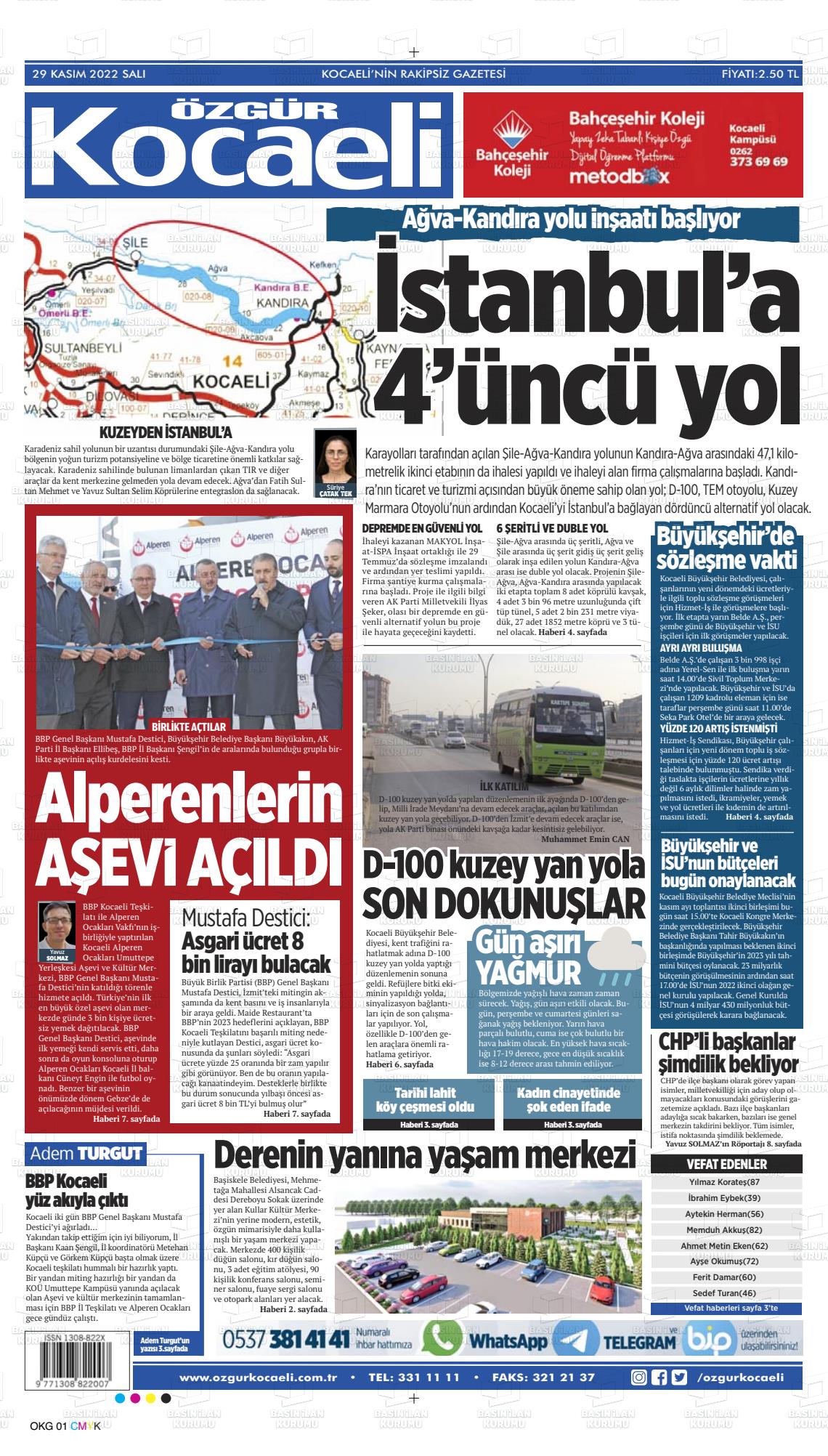 29 Kasım 2022 Özgür Kocaeli Gazete Manşeti