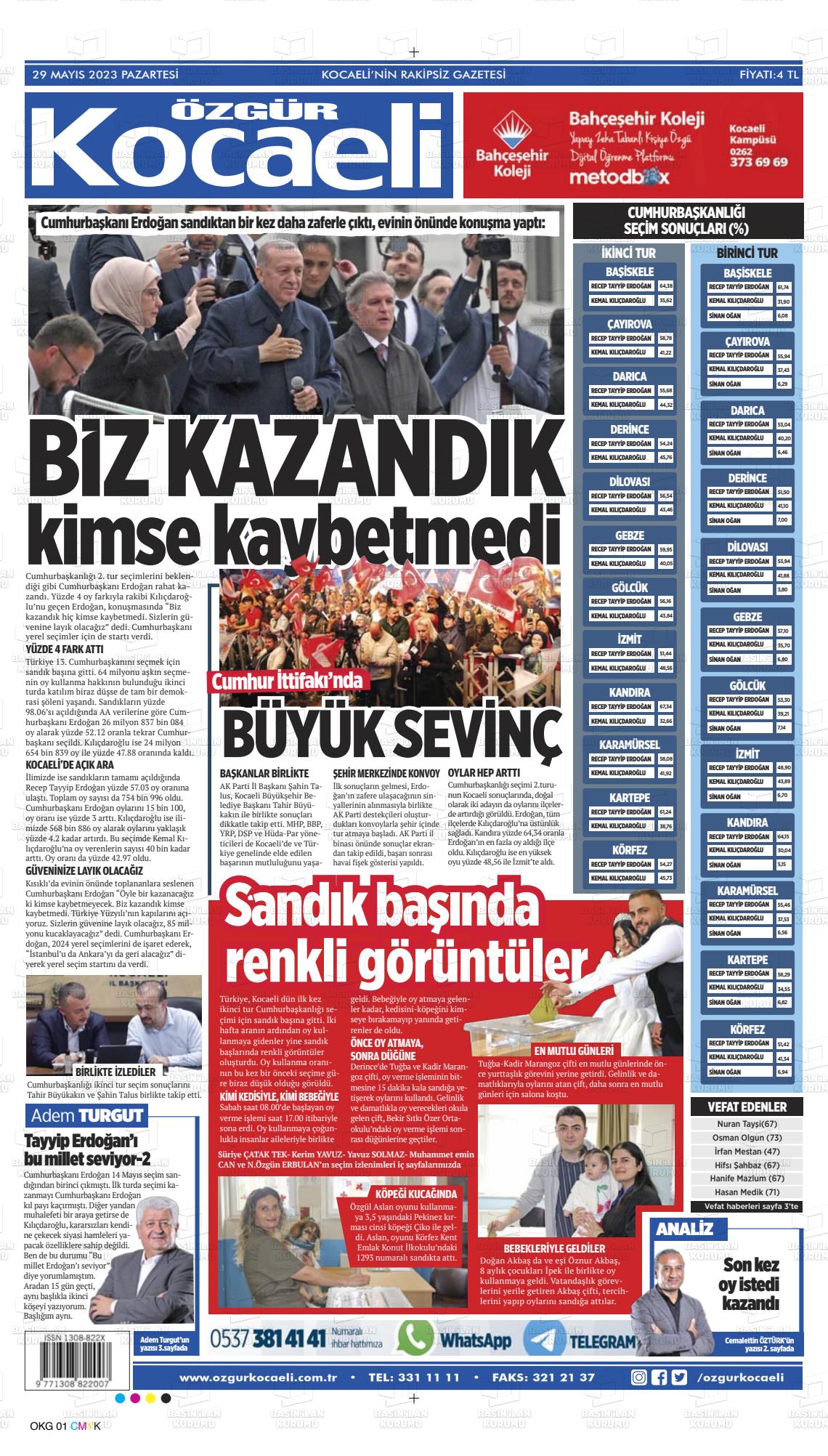 29 Mayıs 2023 Özgür Kocaeli Gazete Manşeti