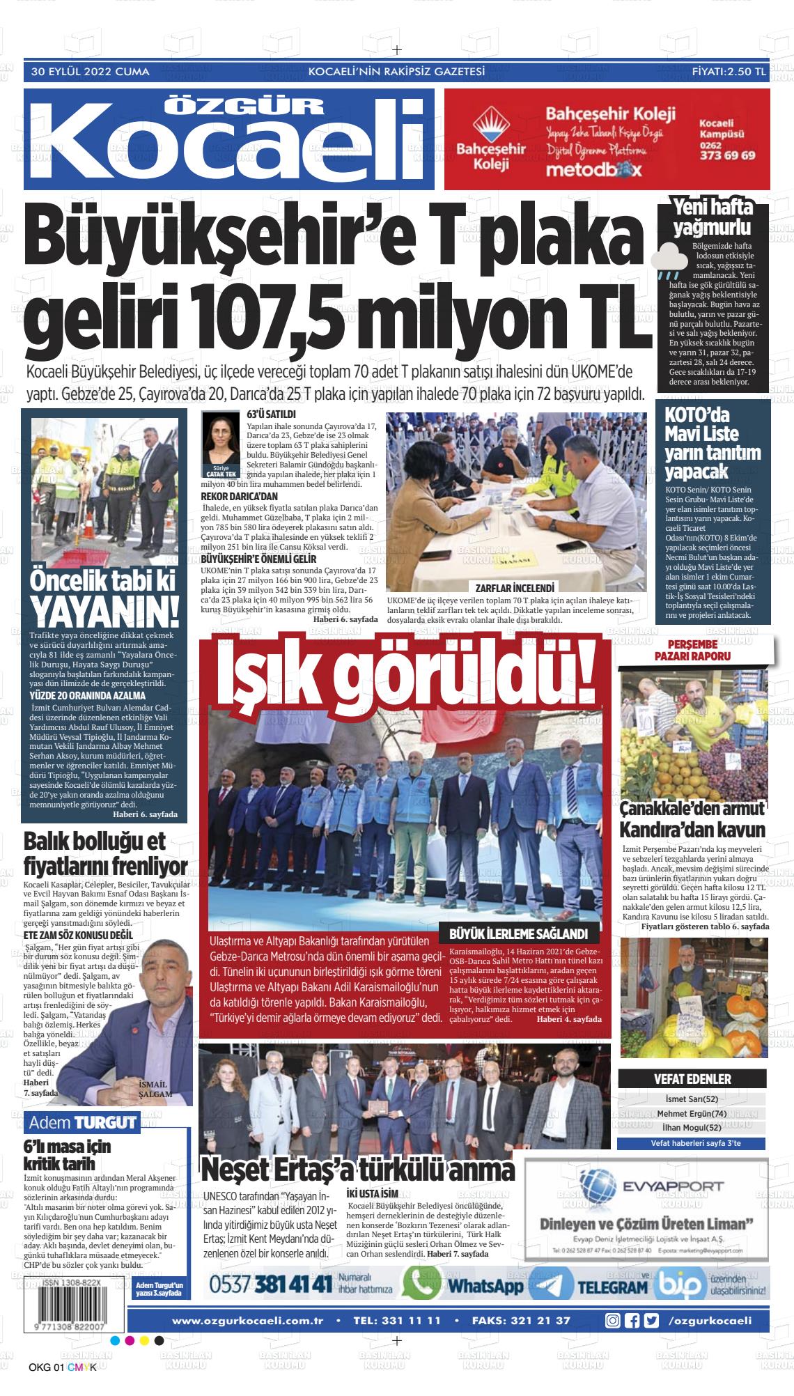 30 Eylül 2022 Özgür Kocaeli Gazete Manşeti