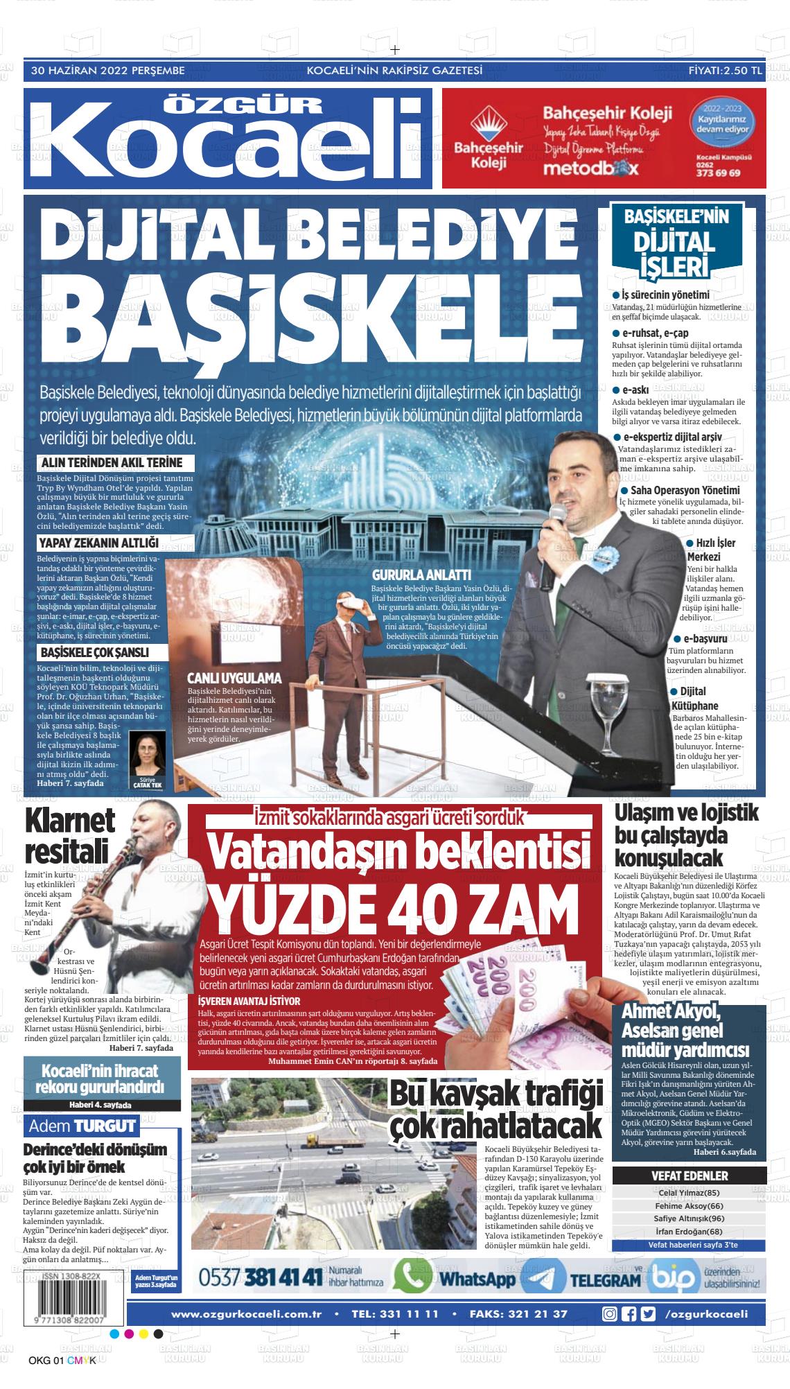 01 Temmuz 2022 Özgür Kocaeli Gazete Manşeti