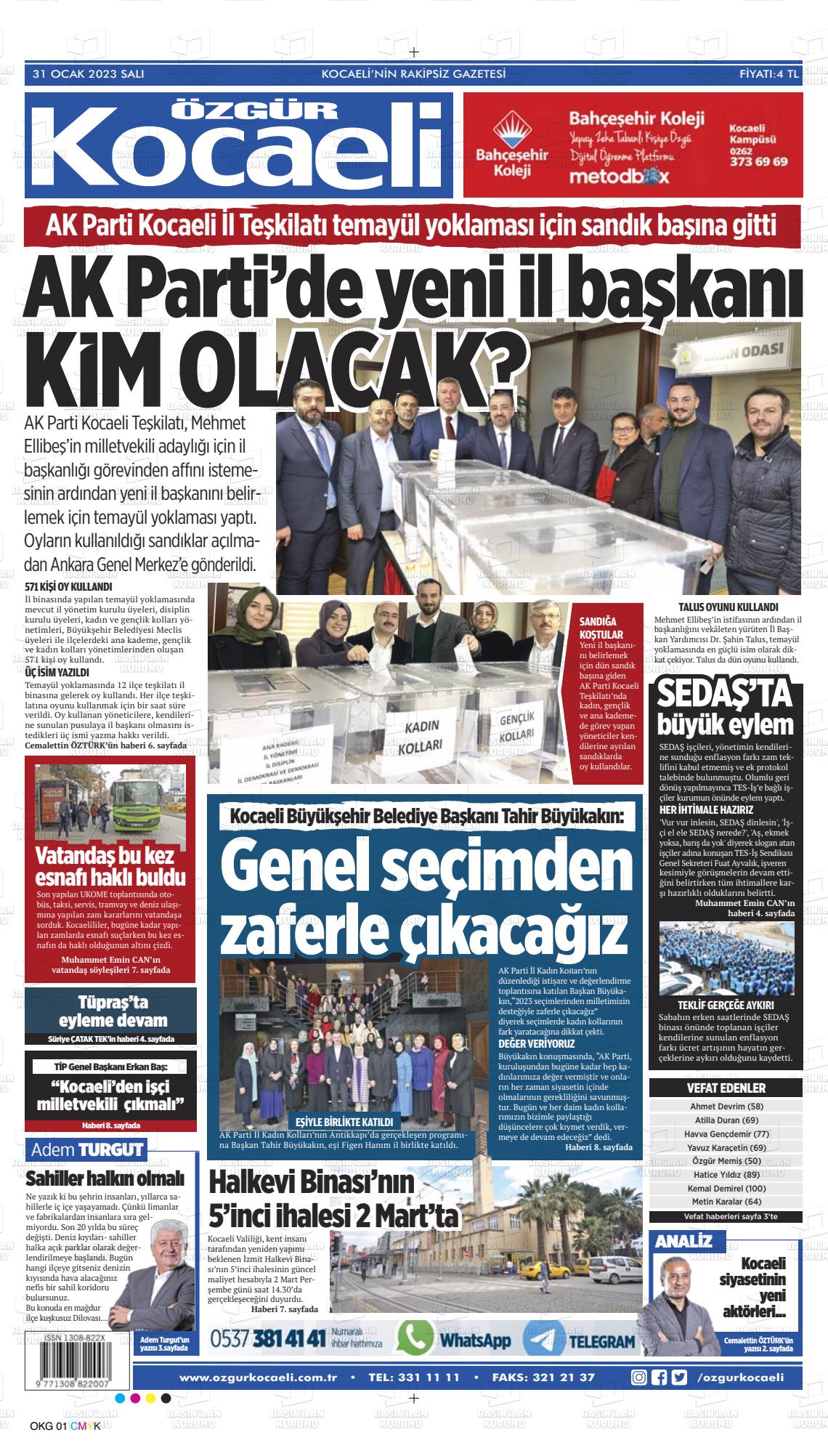 31 Ocak 2023 Özgür Kocaeli Gazete Manşeti
