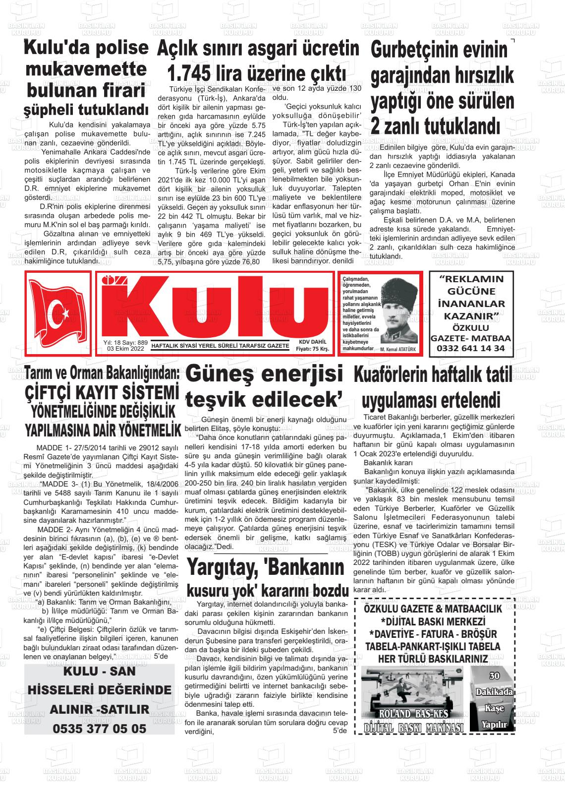 03 Ekim 2022 Öz Kulu Gazete Manşeti