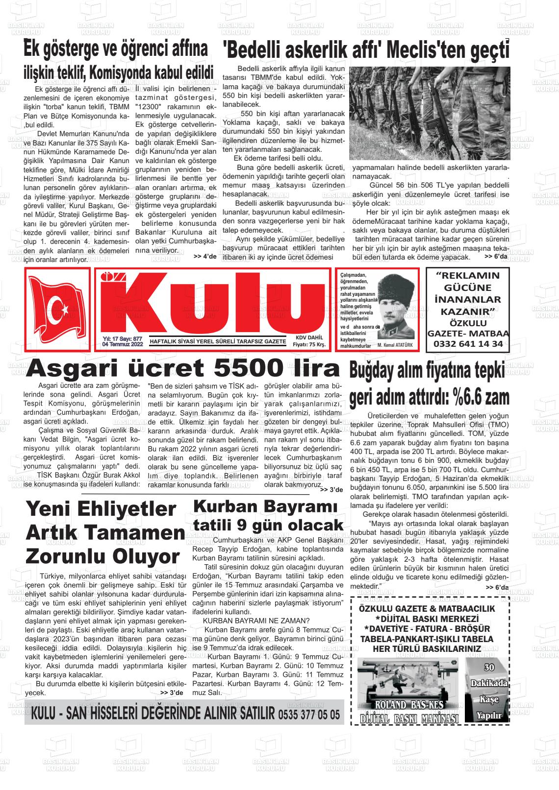 04 Temmuz 2022 Öz Kulu Gazete Manşeti