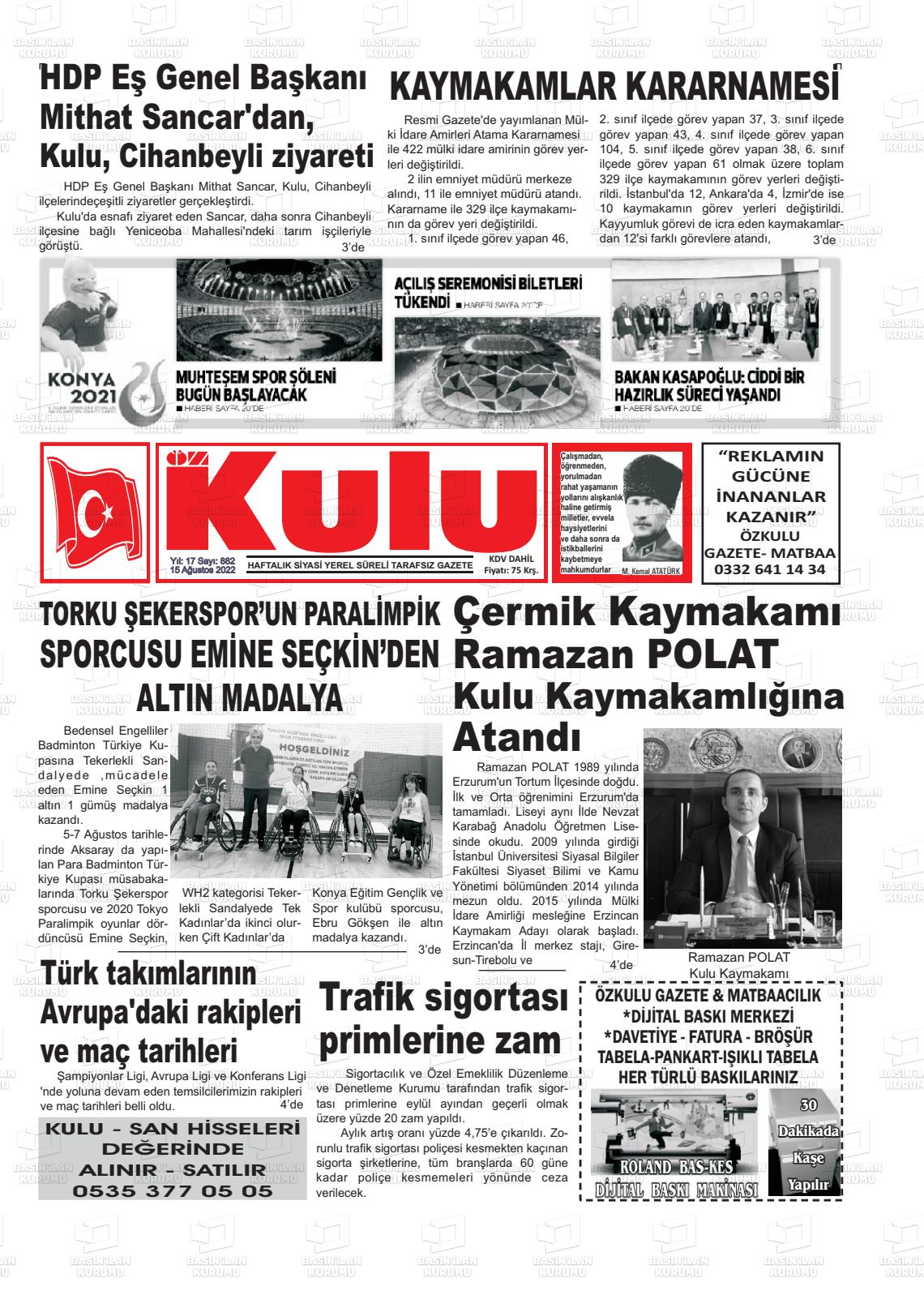 15 Ağustos 2022 Öz Kulu Gazete Manşeti