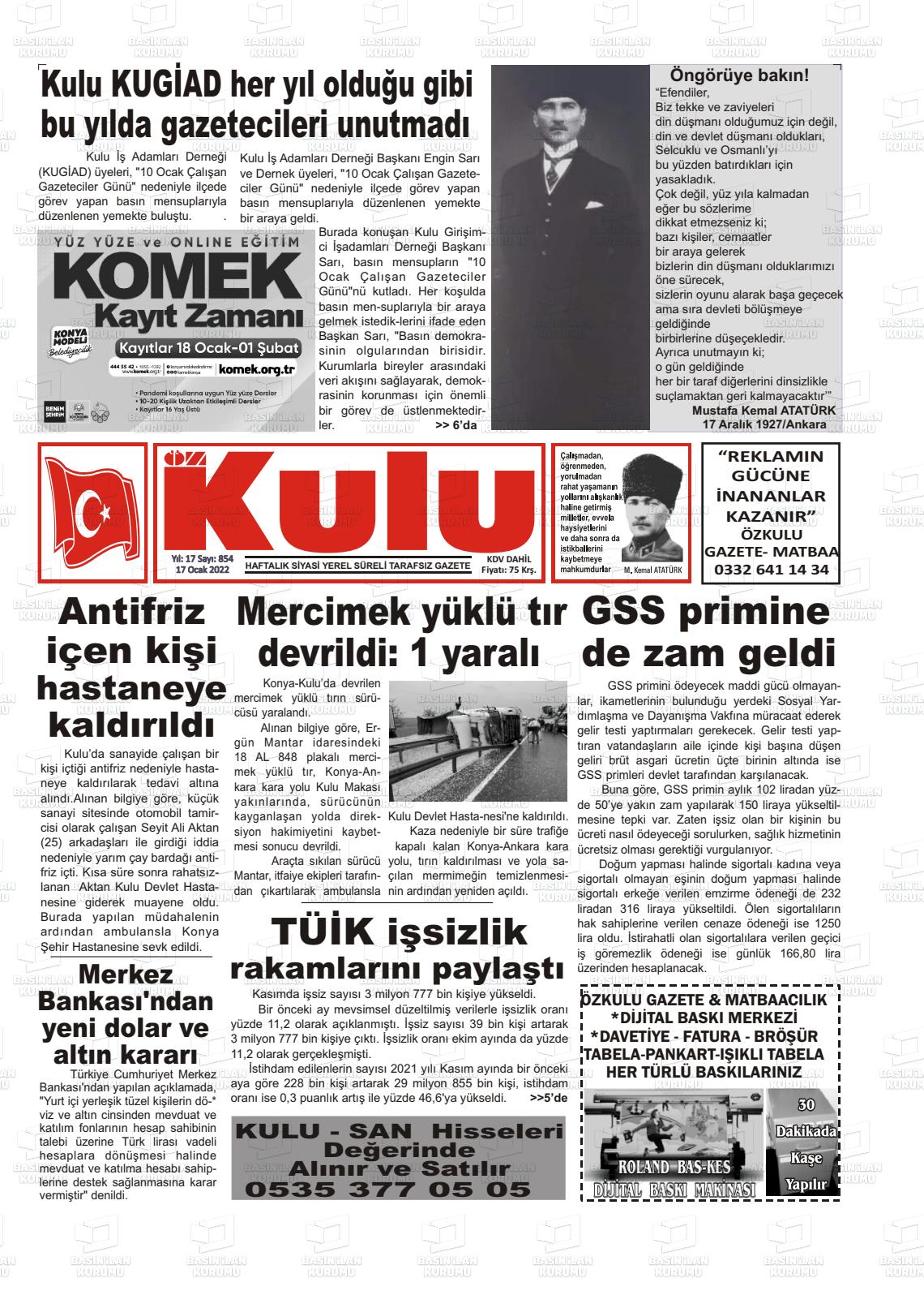 17 Ocak 2022 Öz Kulu Gazete Manşeti