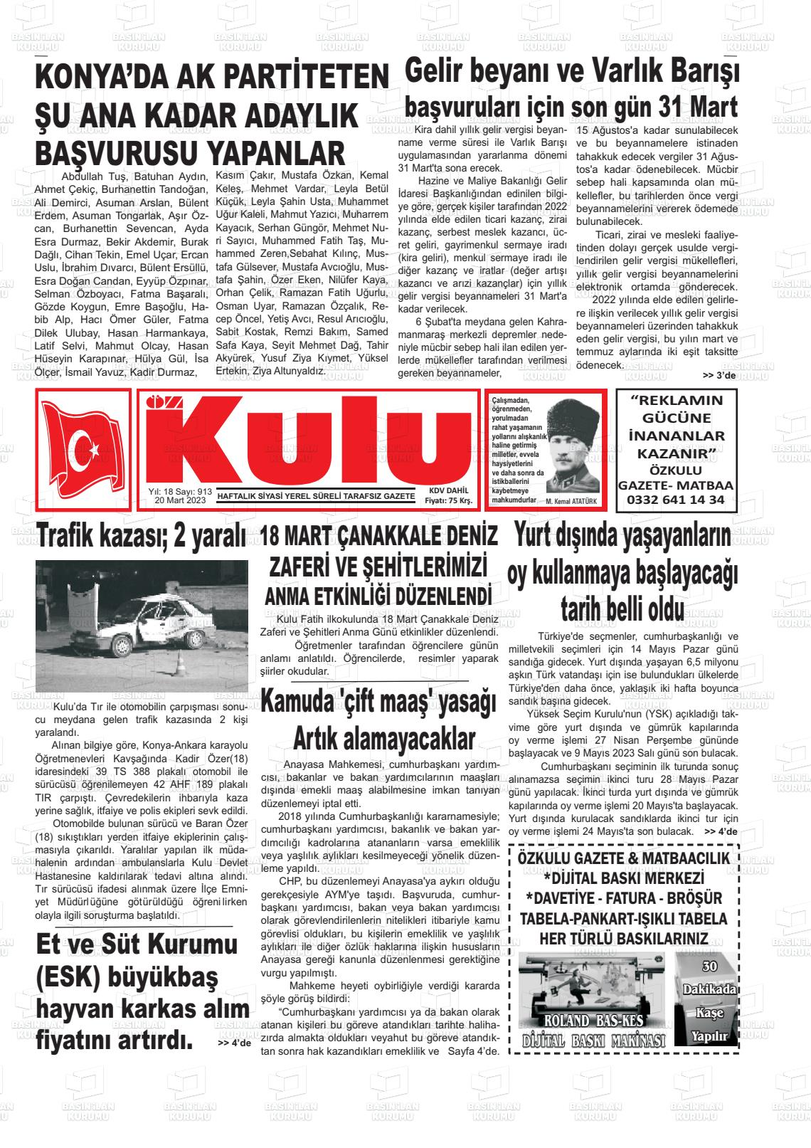 20 Mart 2023 Öz Kulu Gazete Manşeti