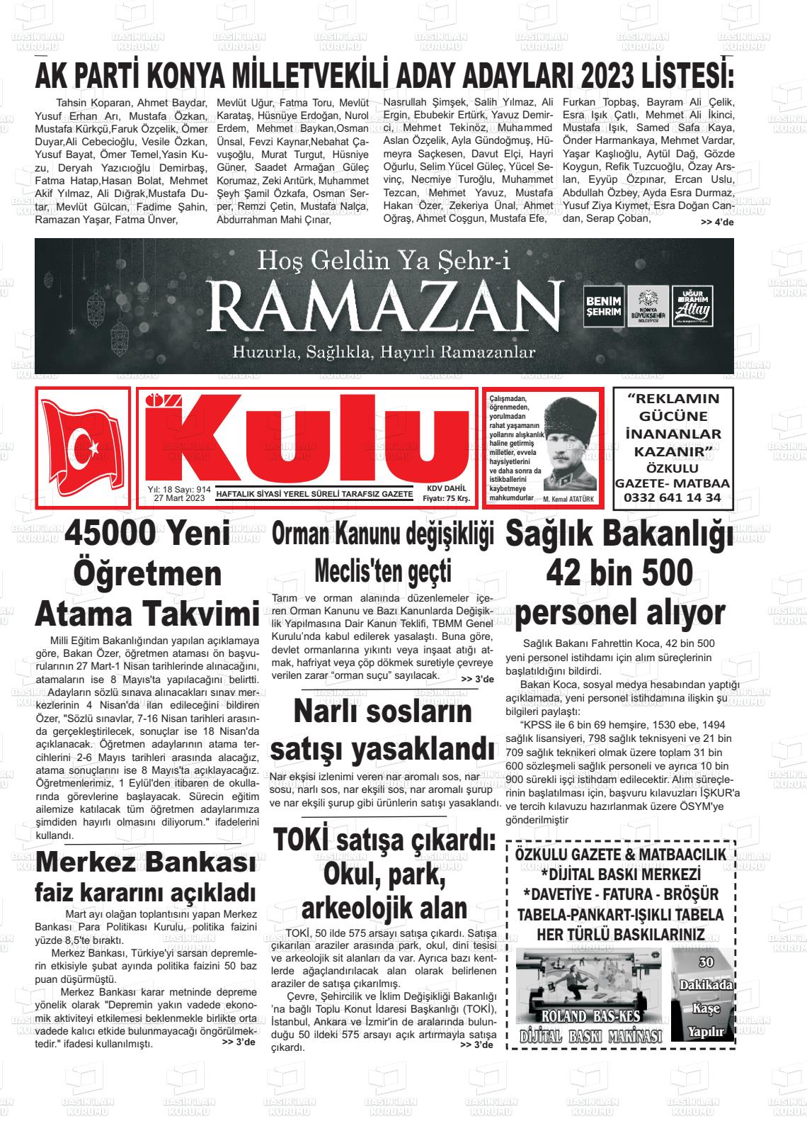27 Mart 2023 Öz Kulu Gazete Manşeti