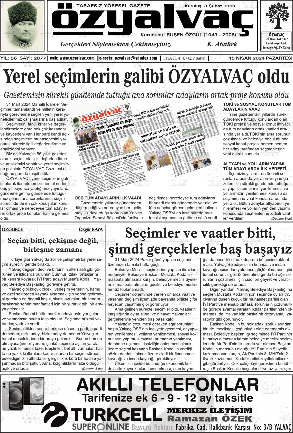 15 Nisan 2024 Öz Yalvaç Gazete Manşeti