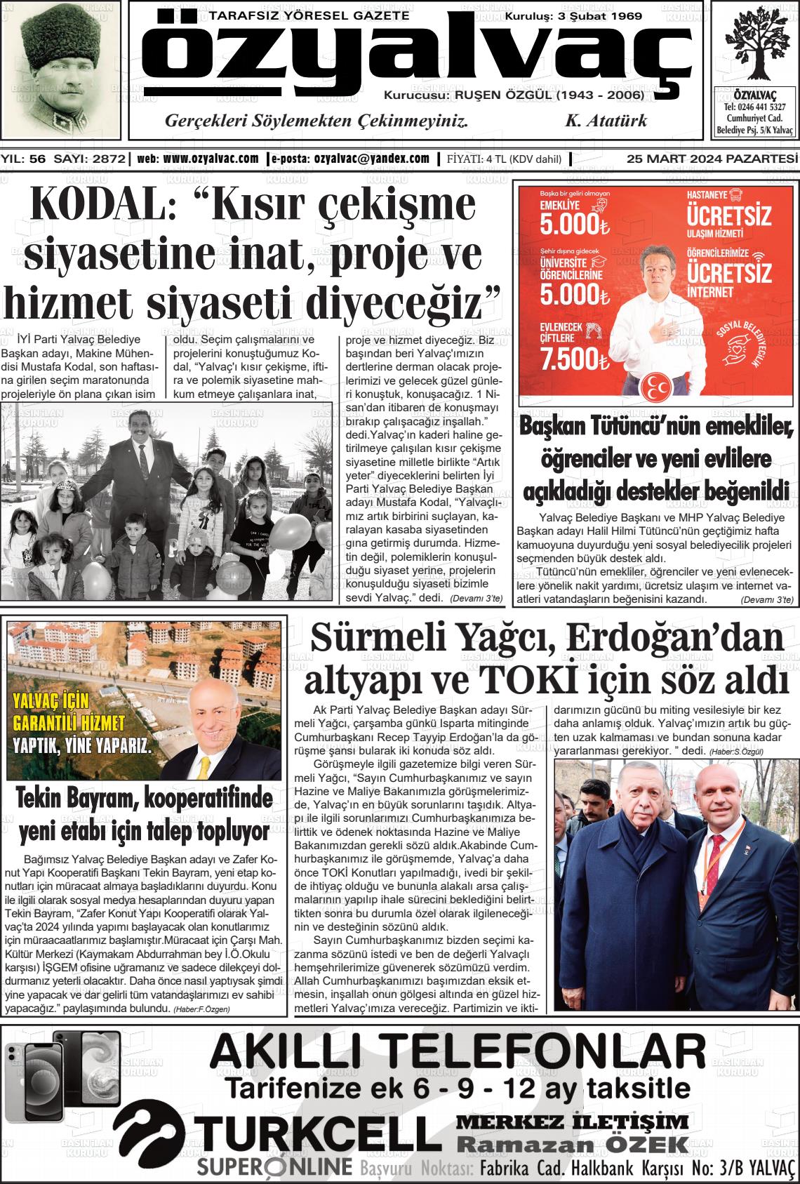 25 Mart 2024 Öz Yalvaç Gazete Manşeti