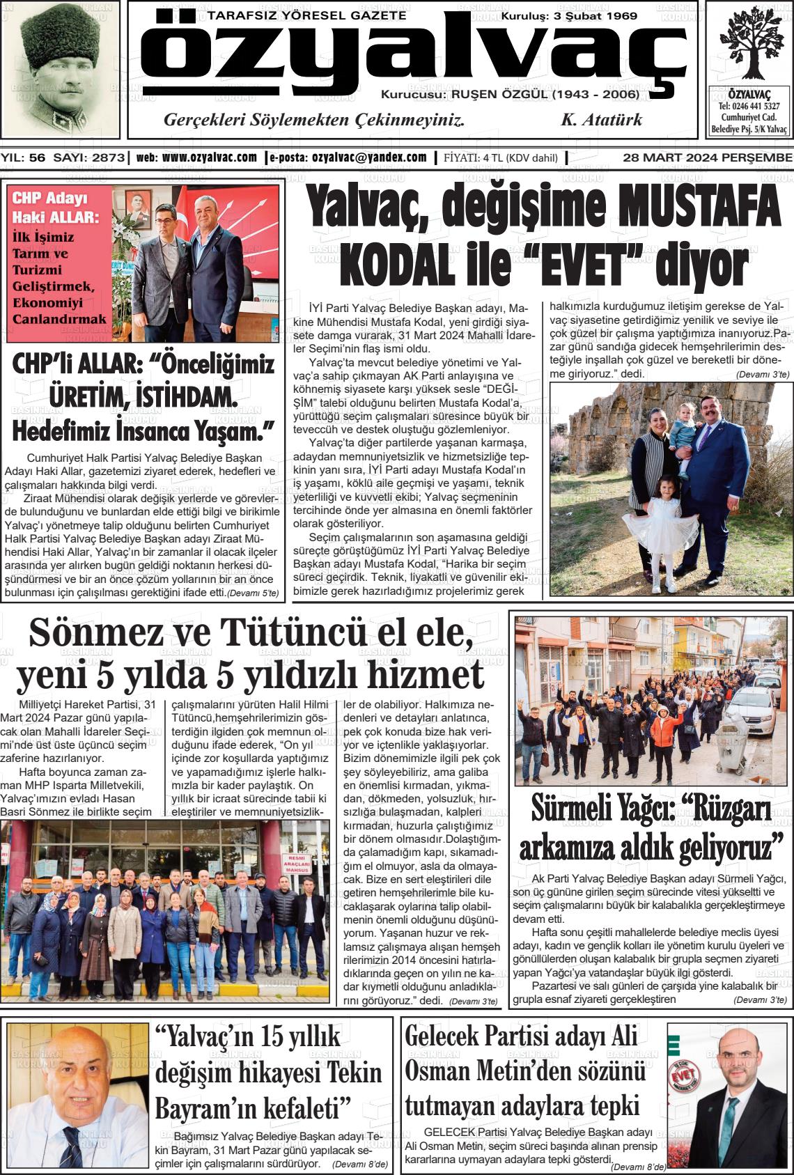 28 Mart 2024 Öz Yalvaç Gazete Manşeti