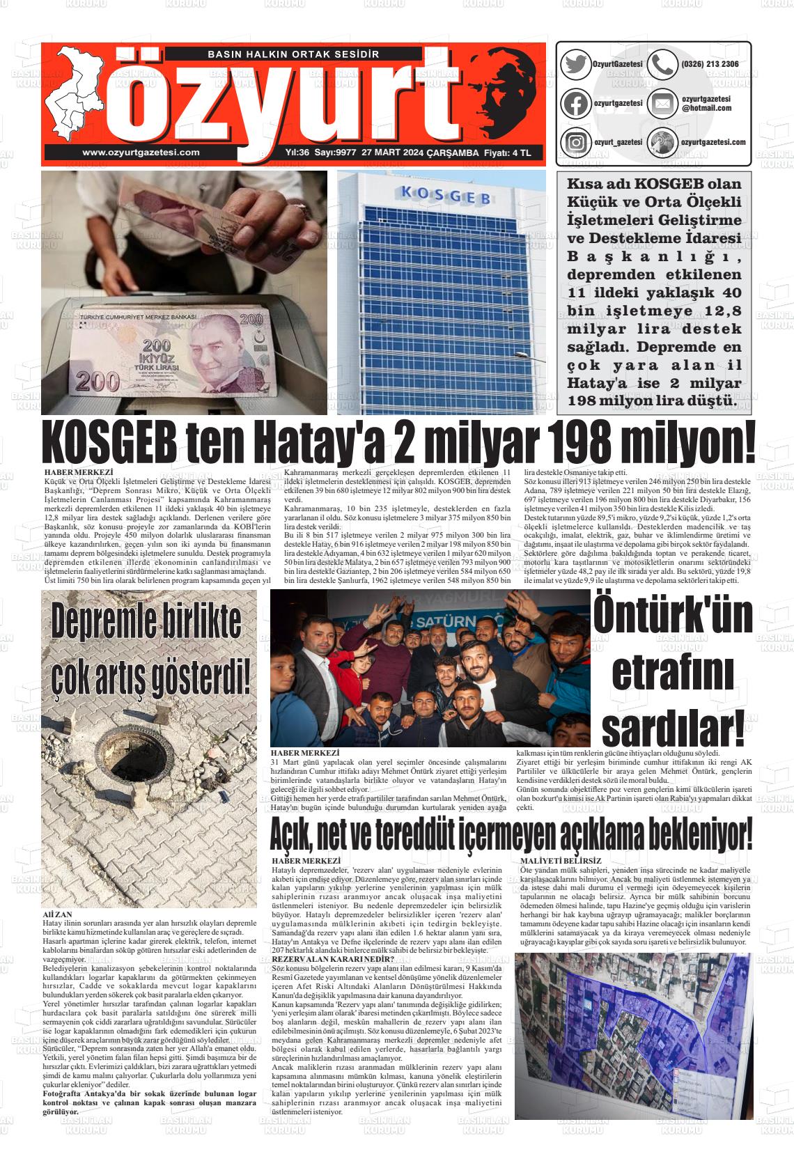 27 Mart 2024 Özyurt Gazete Manşeti
