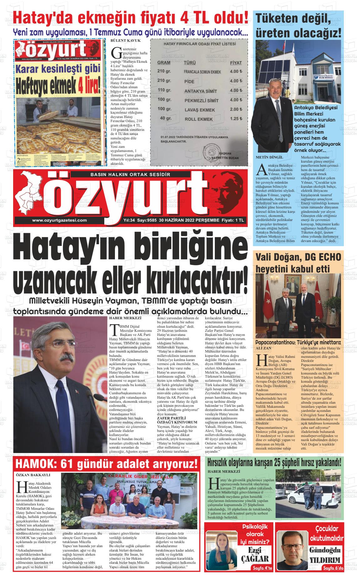 01 Temmuz 2022 Özyurt Gazete Manşeti