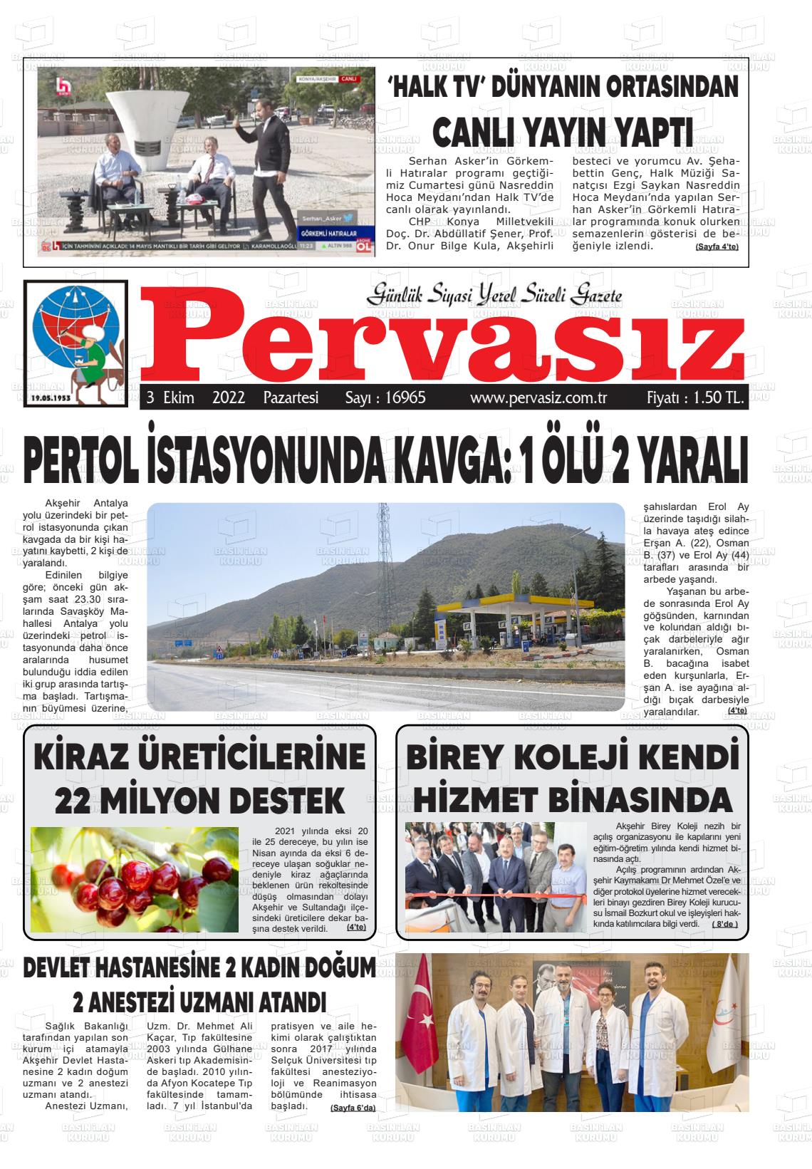 03 Ekim 2022 Konya Pervasız Gazete Manşeti