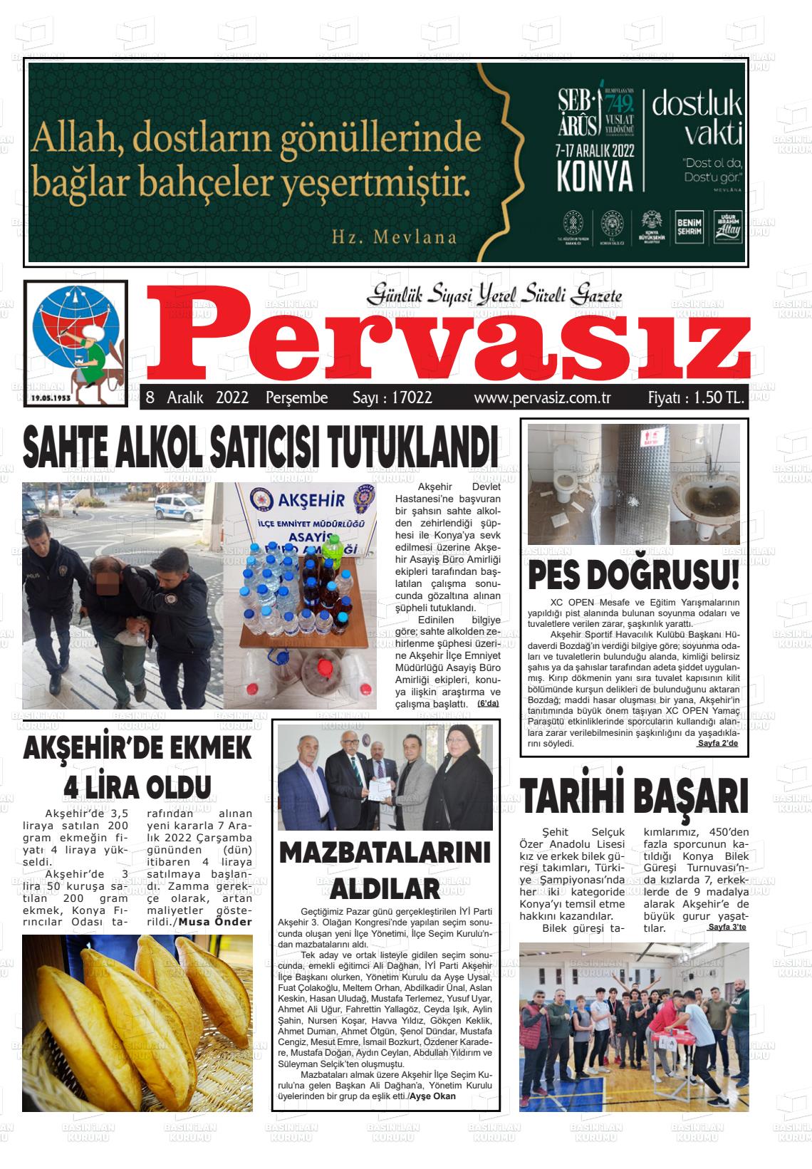 08 Aralık 2022 Konya Pervasız Gazete Manşeti