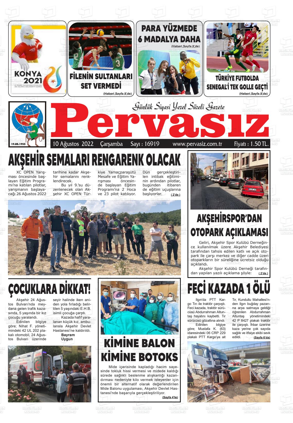 10 Ağustos 2022 Konya Pervasız Gazete Manşeti