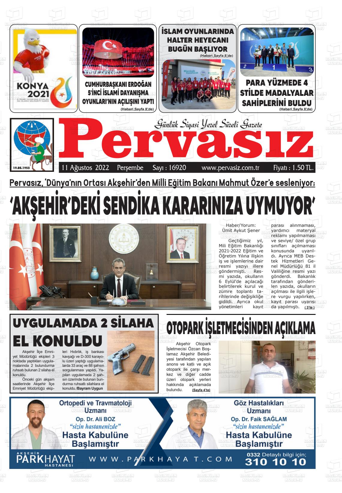 11 Ağustos 2022 Konya Pervasız Gazete Manşeti