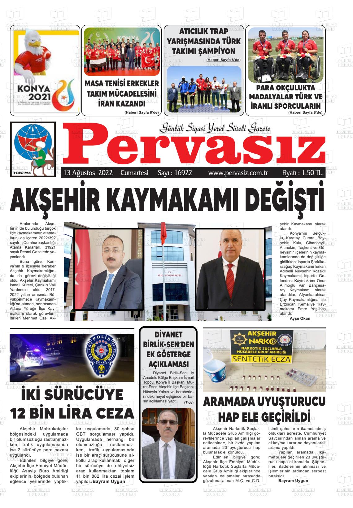 13 Ağustos 2022 Konya Pervasız Gazete Manşeti