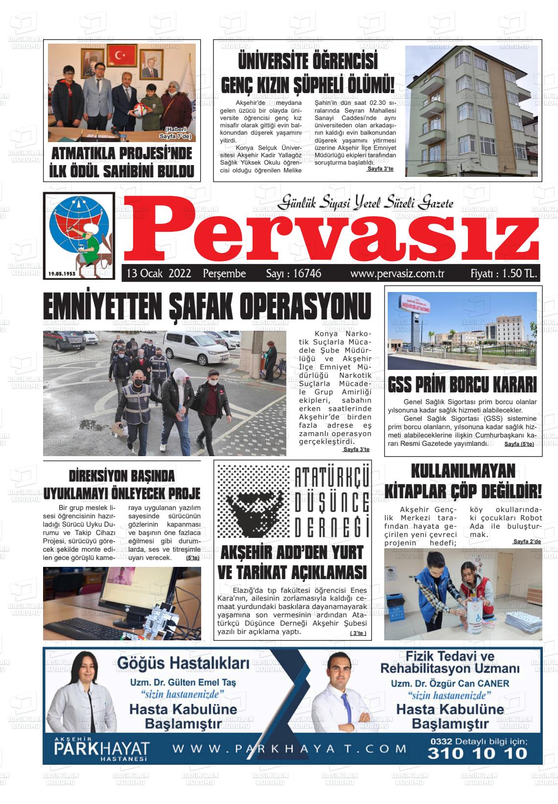 13 Ocak 2022 Konya Pervasız Gazete Manşeti