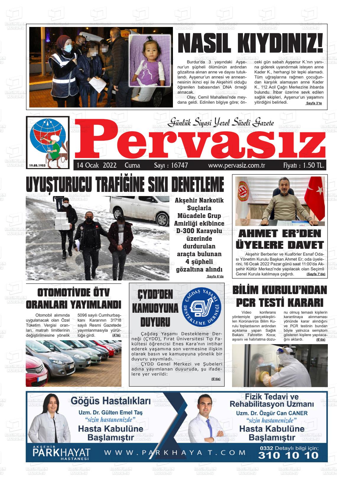 14 Ocak 2022 Konya Pervasız Gazete Manşeti