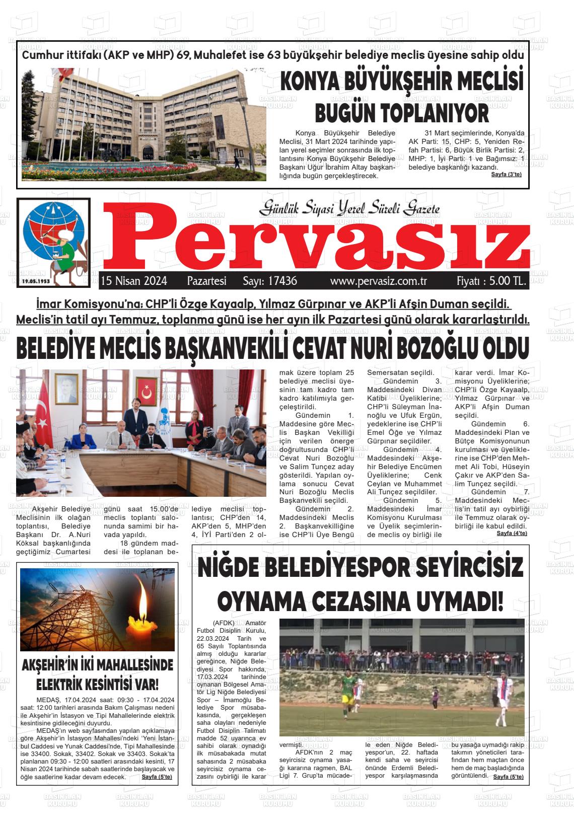 15 Nisan 2024 Konya Pervasız Gazete Manşeti
