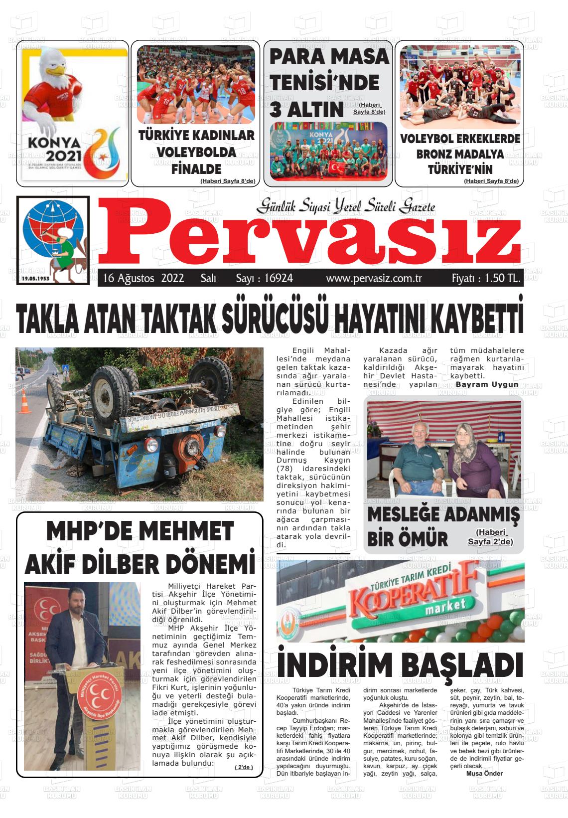 16 Ağustos 2022 Konya Pervasız Gazete Manşeti