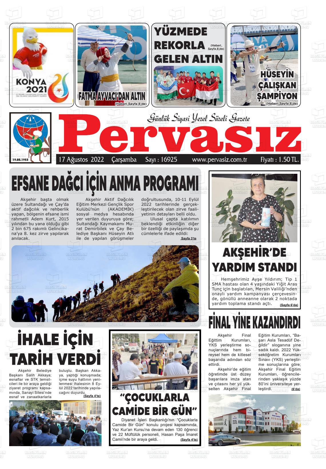 17 Ağustos 2022 Konya Pervasız Gazete Manşeti