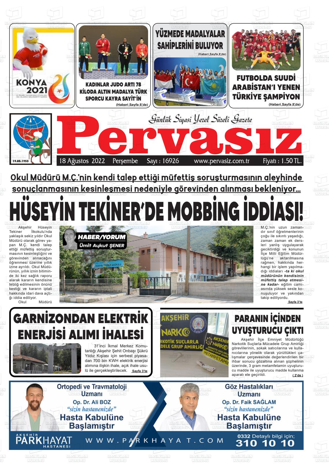 18 Ağustos 2022 Konya Pervasız Gazete Manşeti