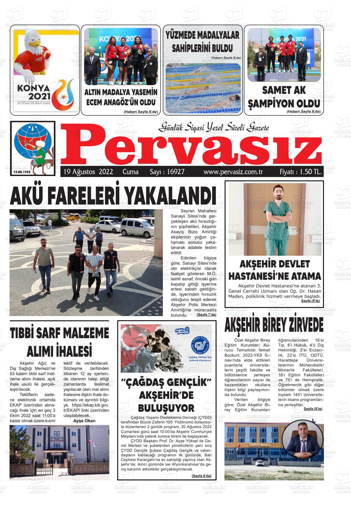 19 Ağustos 2022 Konya Pervasız Gazete Manşeti