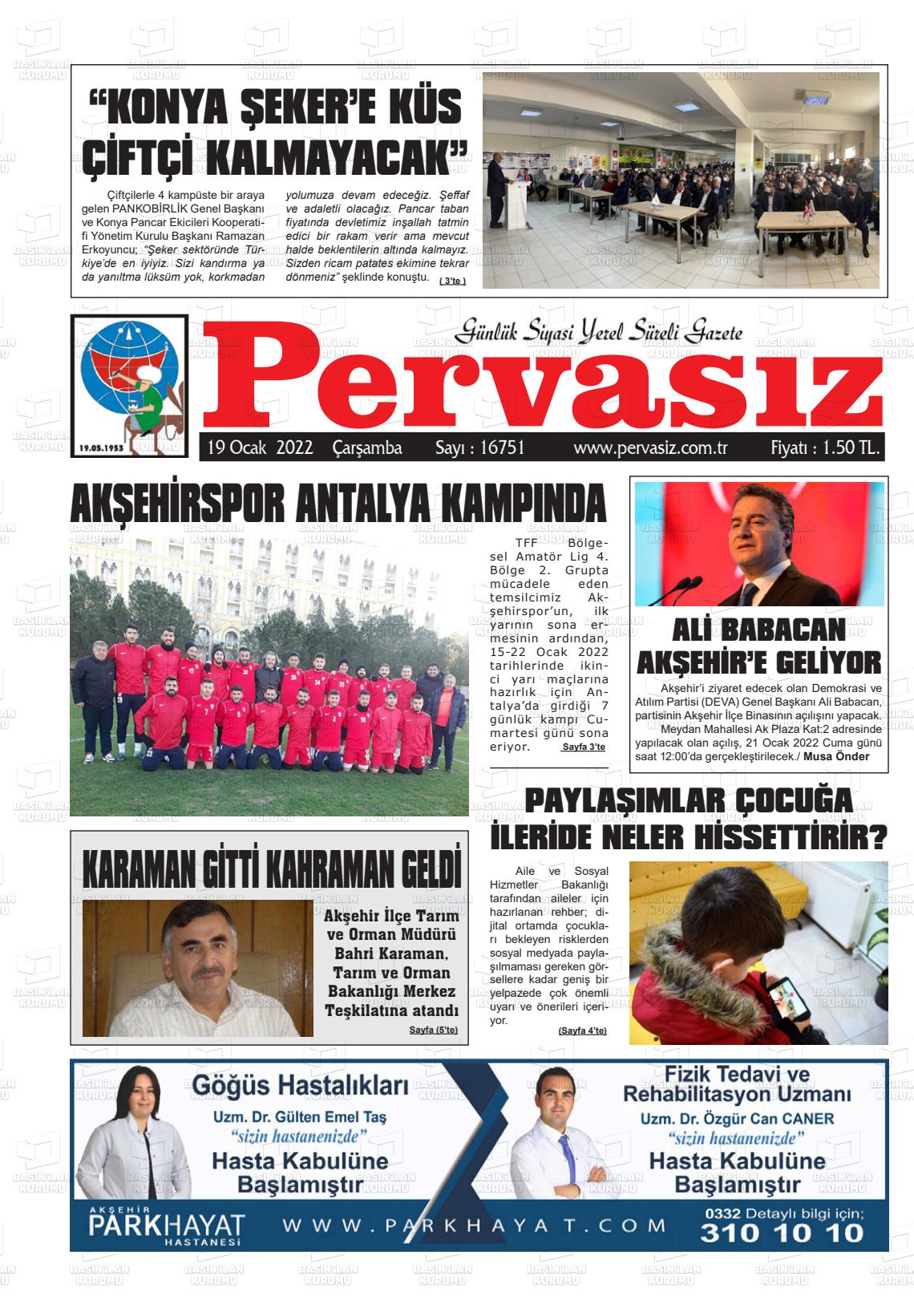 19 Ocak 2022 Konya Pervasız Gazete Manşeti