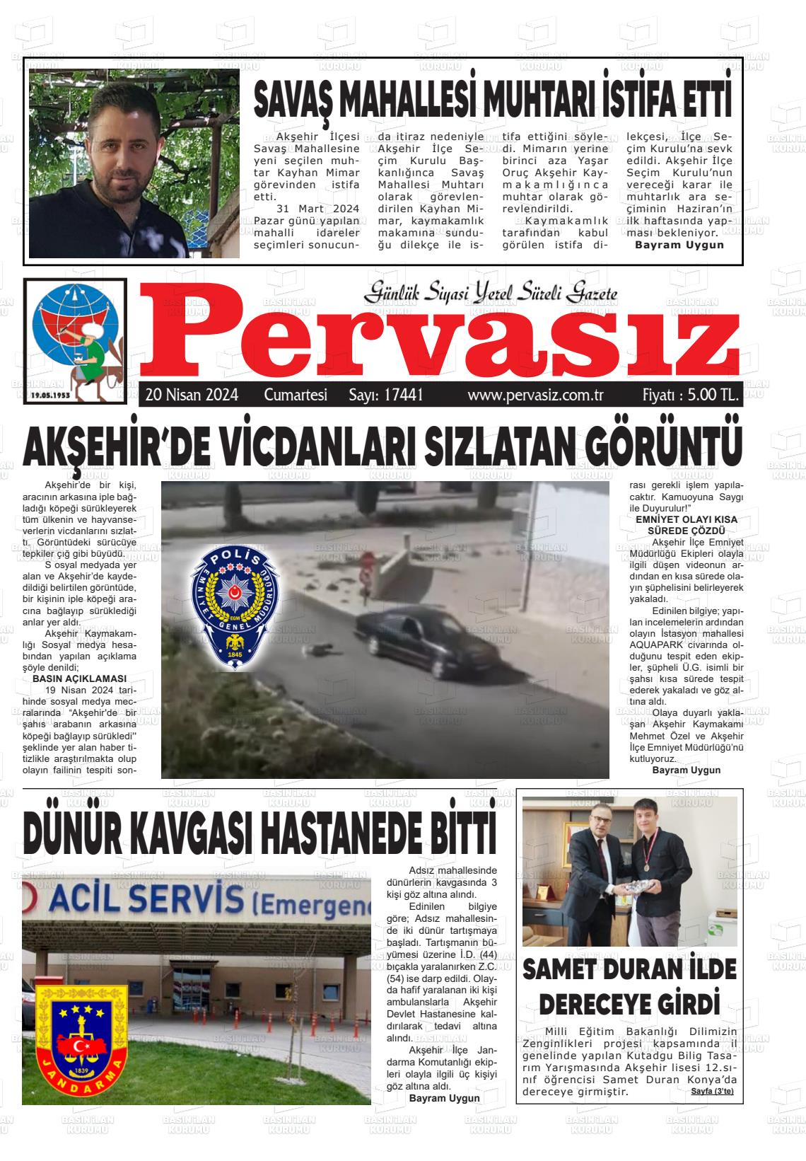 20 Nisan 2024 Konya Pervasız Gazete Manşeti