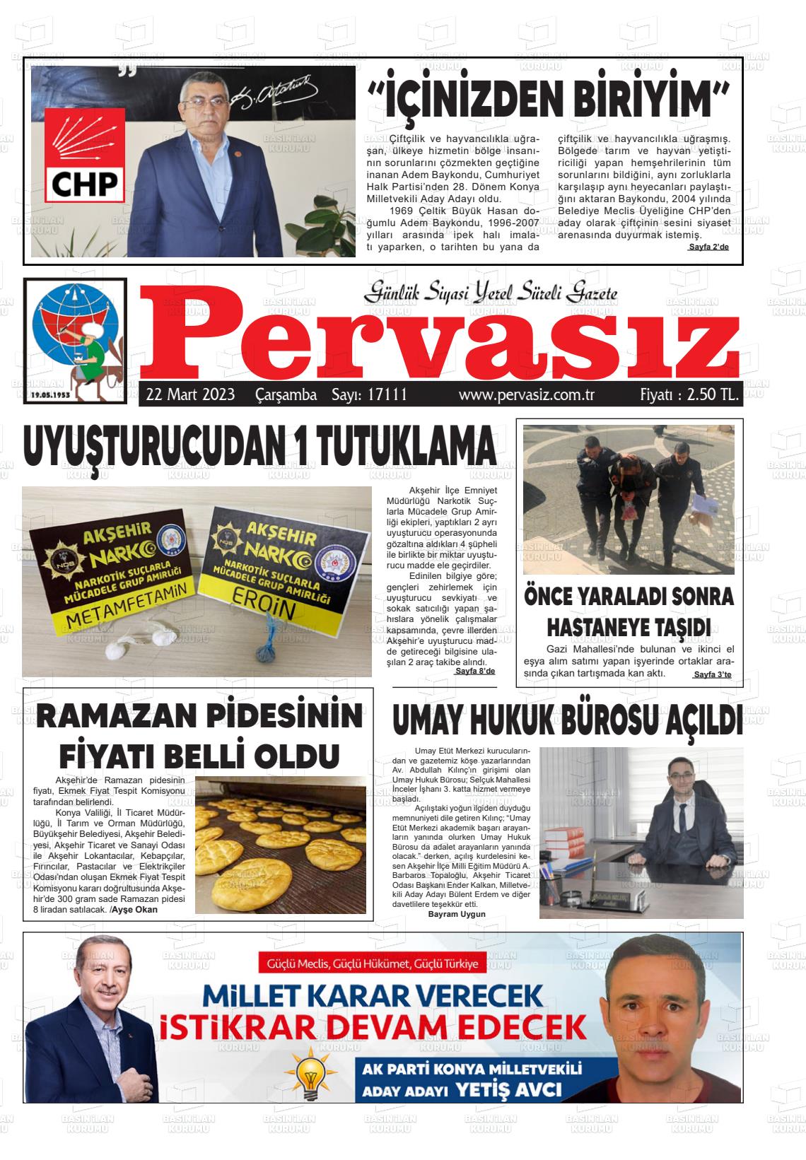 22 Mart 2023 Konya Pervasız Gazete Manşeti